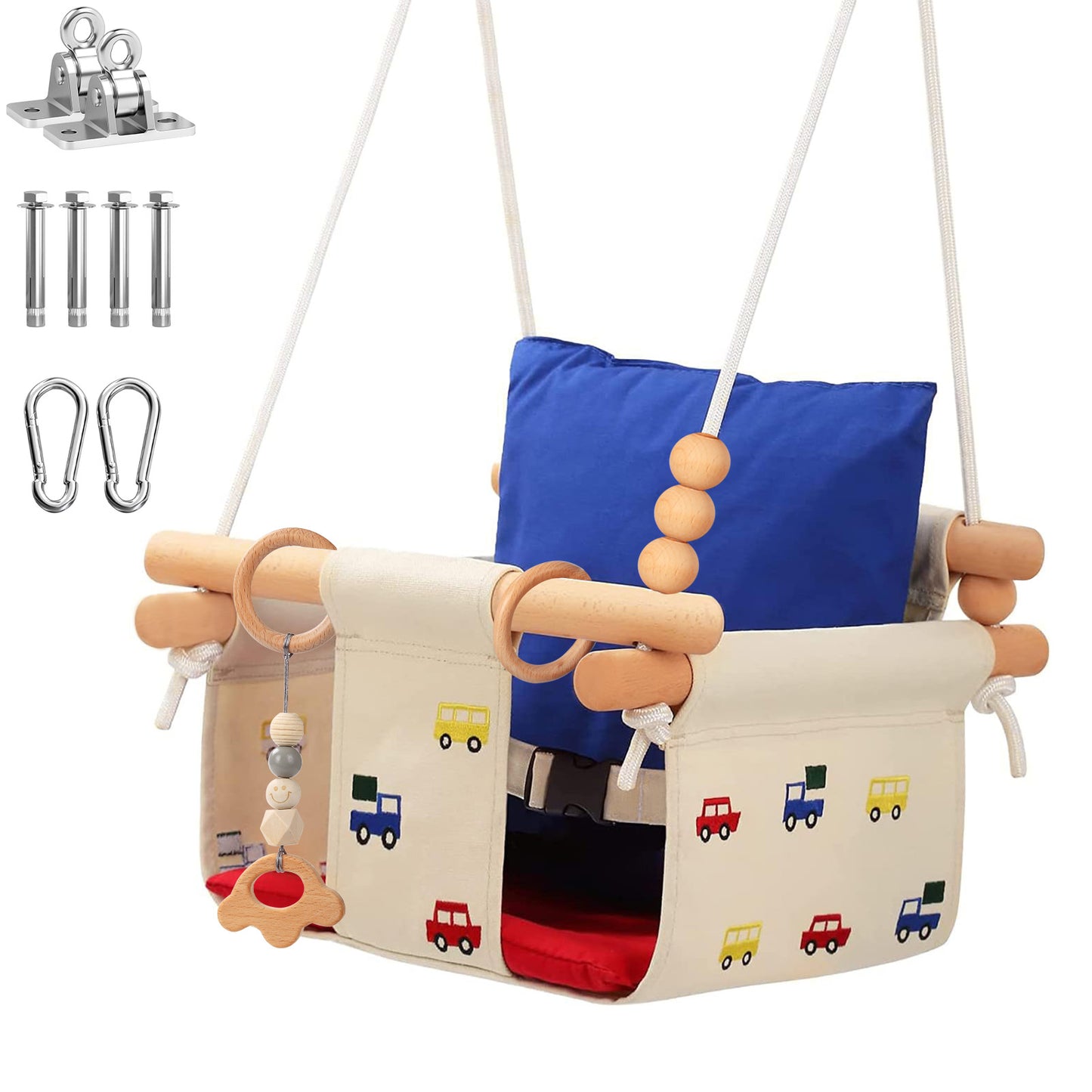 Canvas Baby Swing, Wooden Hanging Swing Seat Chair with Safety Belt, Durable Baby Swing Chair, Outdoor and Indoor Swing for Kids, Mounting Hardware Included, Car Embroidery Design