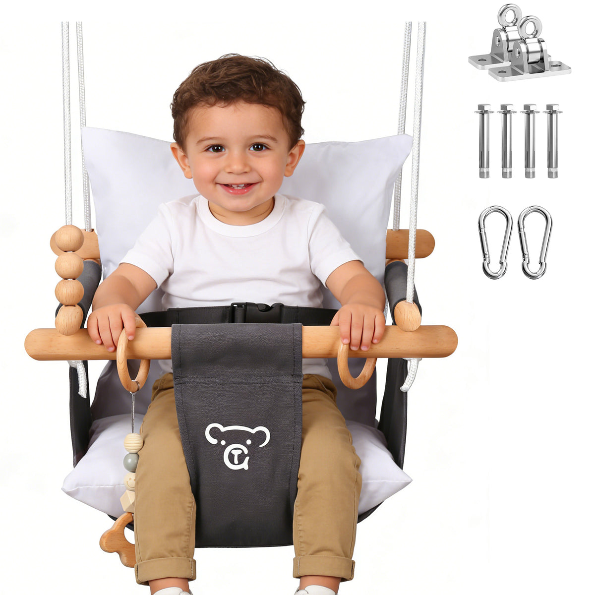 Canvas Toddler Swing, Wooden Baby Swing Seat Chair with Safety Belt, Durable Hanging Swing, Outdoor and Indoor Swing for Kids
