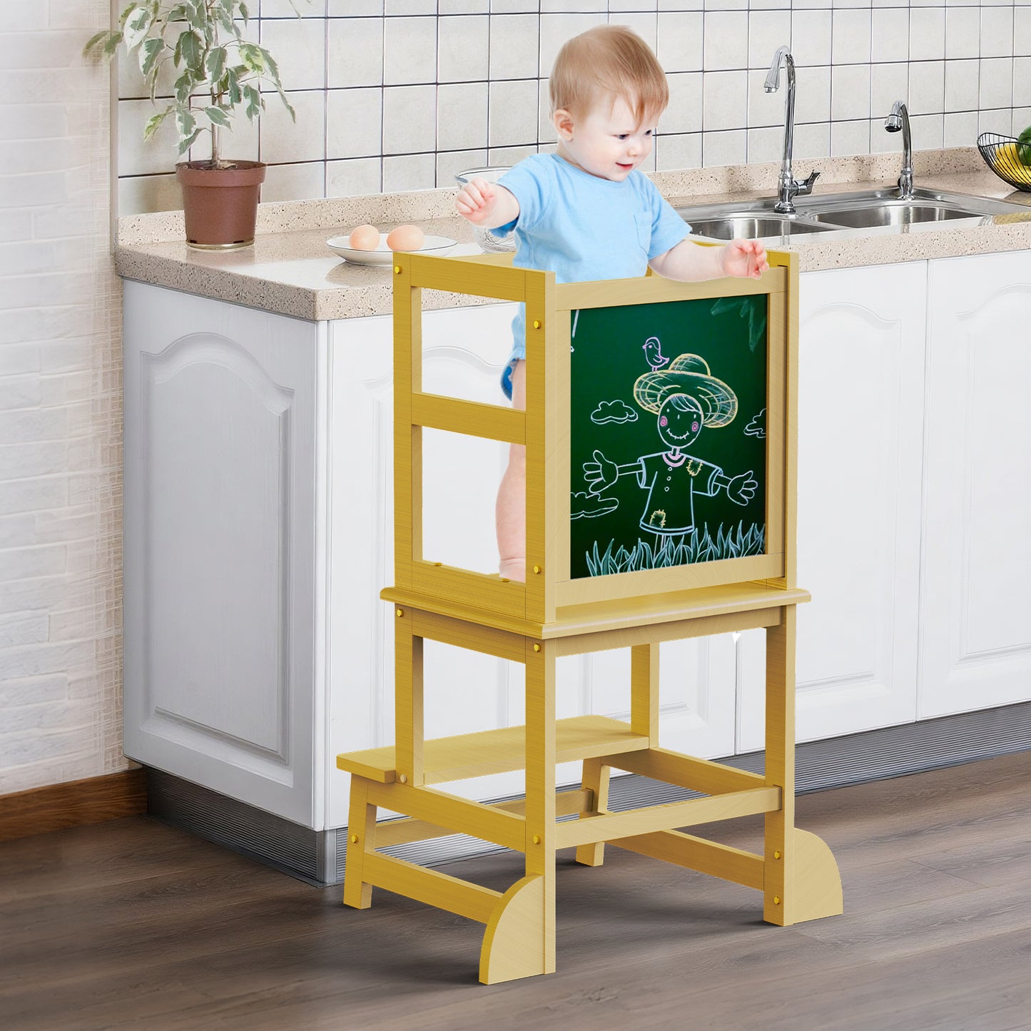 Toddler Kitchen Stool Helper, Step Stool for Kids with Chalkboard Safety Rail for Toddlers 18 Months and Older,White,Natural