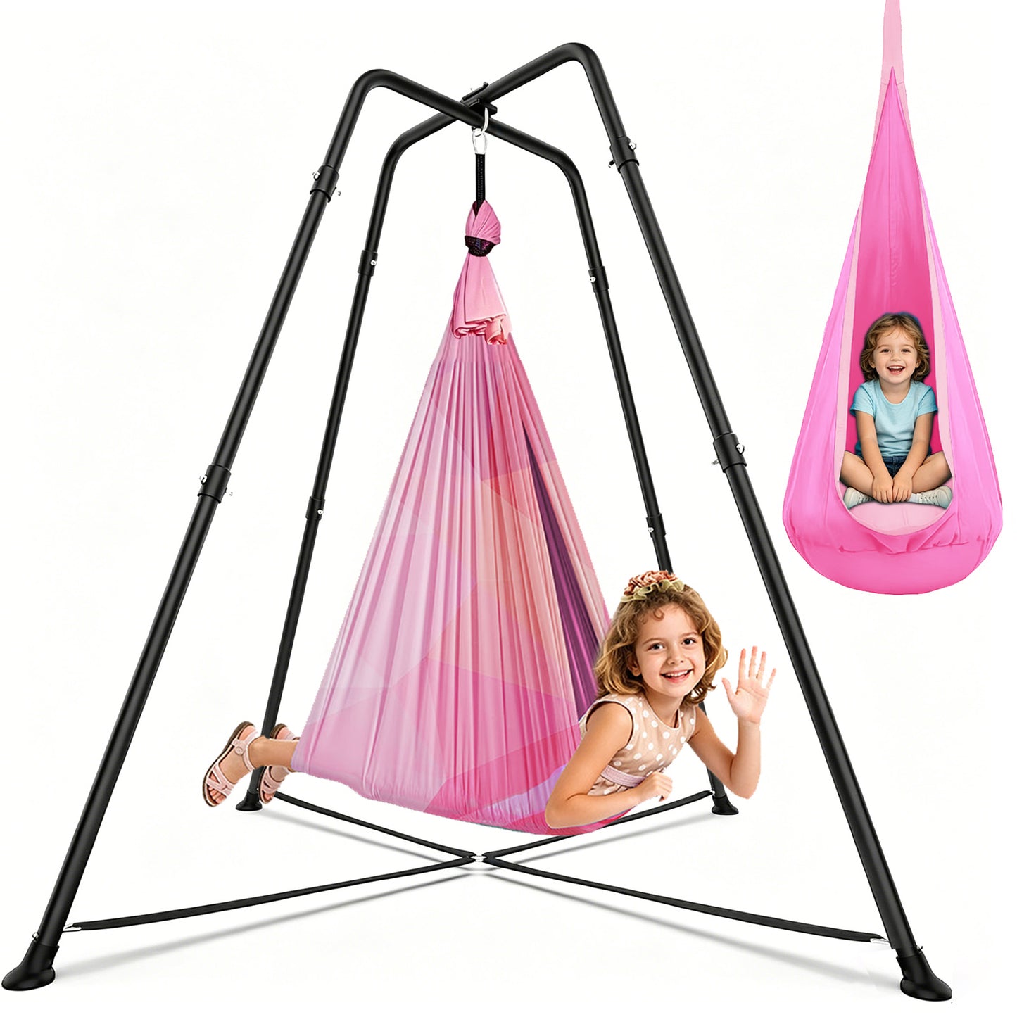 SEMOPRUS Sensory Swing Chair with Stand, X-Shaped Swing Frame with Set for Adults Indoor Outdoor, 330LBS Weight Capacity, Pink