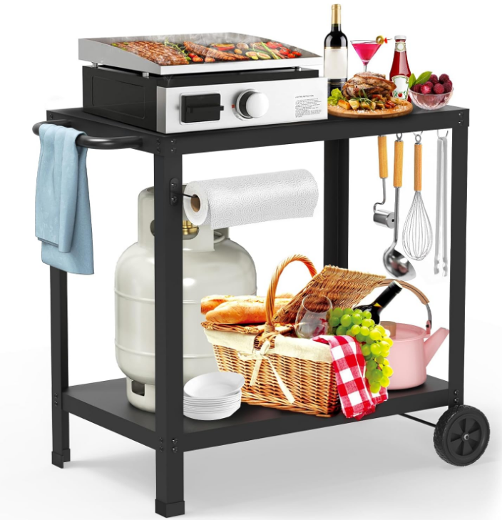 Outdoor Grill Cart, 2-Shelf Outdoor Grill Table for Blackstone Griddle, Multifunctional Prep Table Pizza Oven Stand with Wheels, for Outside Patio, Kitchen Cooking, Party, Black