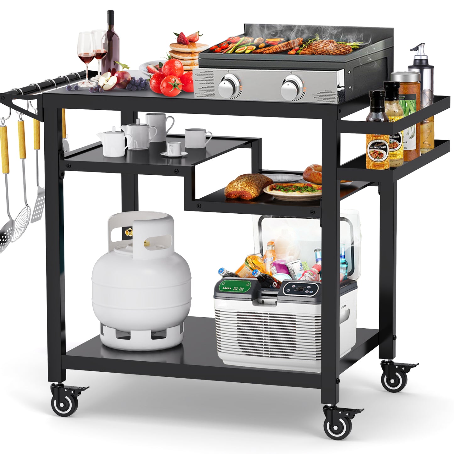 RAXSINYER Rolling Dining Table with Three-Shelf, Outdoor Grill Table&Cart, Garden Patio BBQ Kitchen Food Prep Cart, 20"x 32", Black
