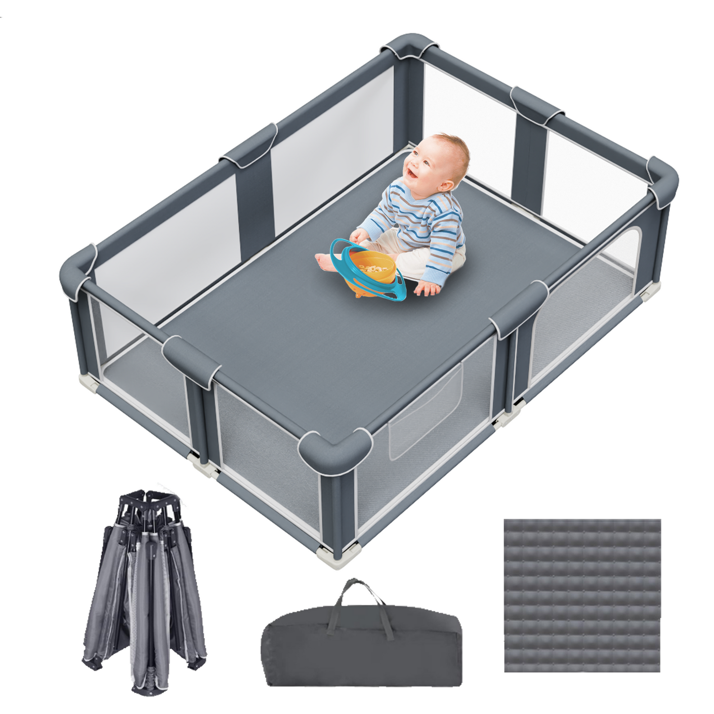 Baby Playpen with Mat, Large Play Yard for Babies and Toddlers, Portable Baby Activity Center for Indoor & Outdoor, Gray,Black (59‘’×71‘’)