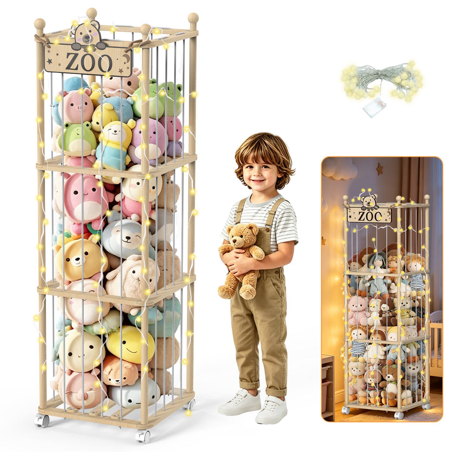 Semoprus Stuffed Animal Storage Zoo Extra Large Stuffed Animal Holder Space Save Toy Organizer with Wheels for Nursery Playroom Bedroom, Wood, Natural
