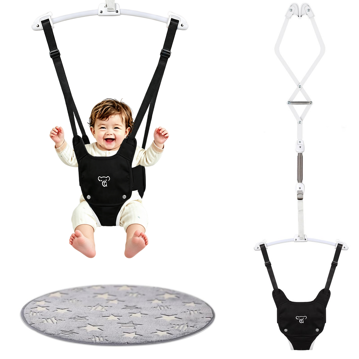 Semoprus Baby Jumper, Baby Doorway Jumper with Adjustable Strap, Protable Baby Jumpers and Bouncers, Easy to Assemble, Toddler Bouncer Jumper with Floor Mat, Black