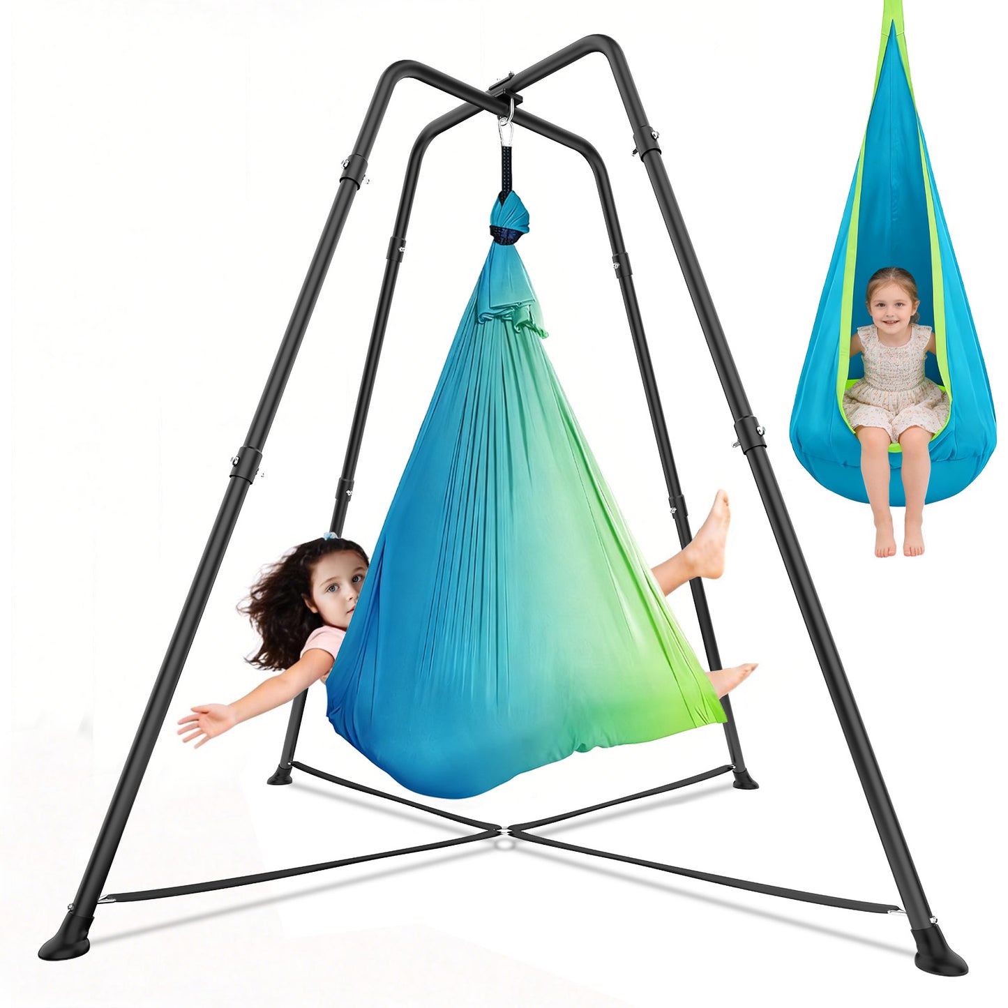 G TALECO GEAR Sensory Swing with Stand, Swing Frame with Pod Swing, Hammock Chair with Stand for Adults Outdoor, X-Shaped Swing Set for Backyard, Indoor Swing for Kids 330LBS, Lake Blue Gradient