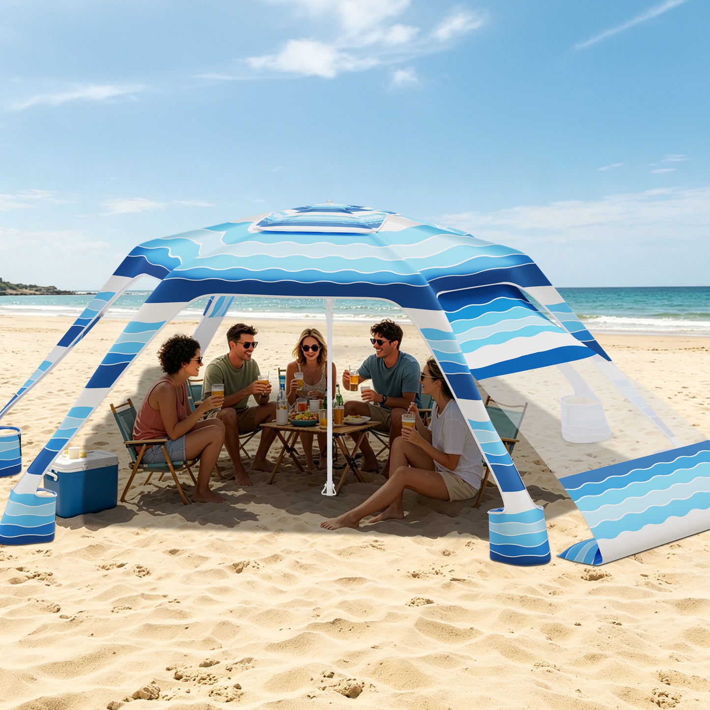 Yacona Beach Cabana with Side Wall, UV Protection Beach Canopy for Sand with 6 Corners, Tent Sun Shelter Tents for Camping, Blue&White Stripes
