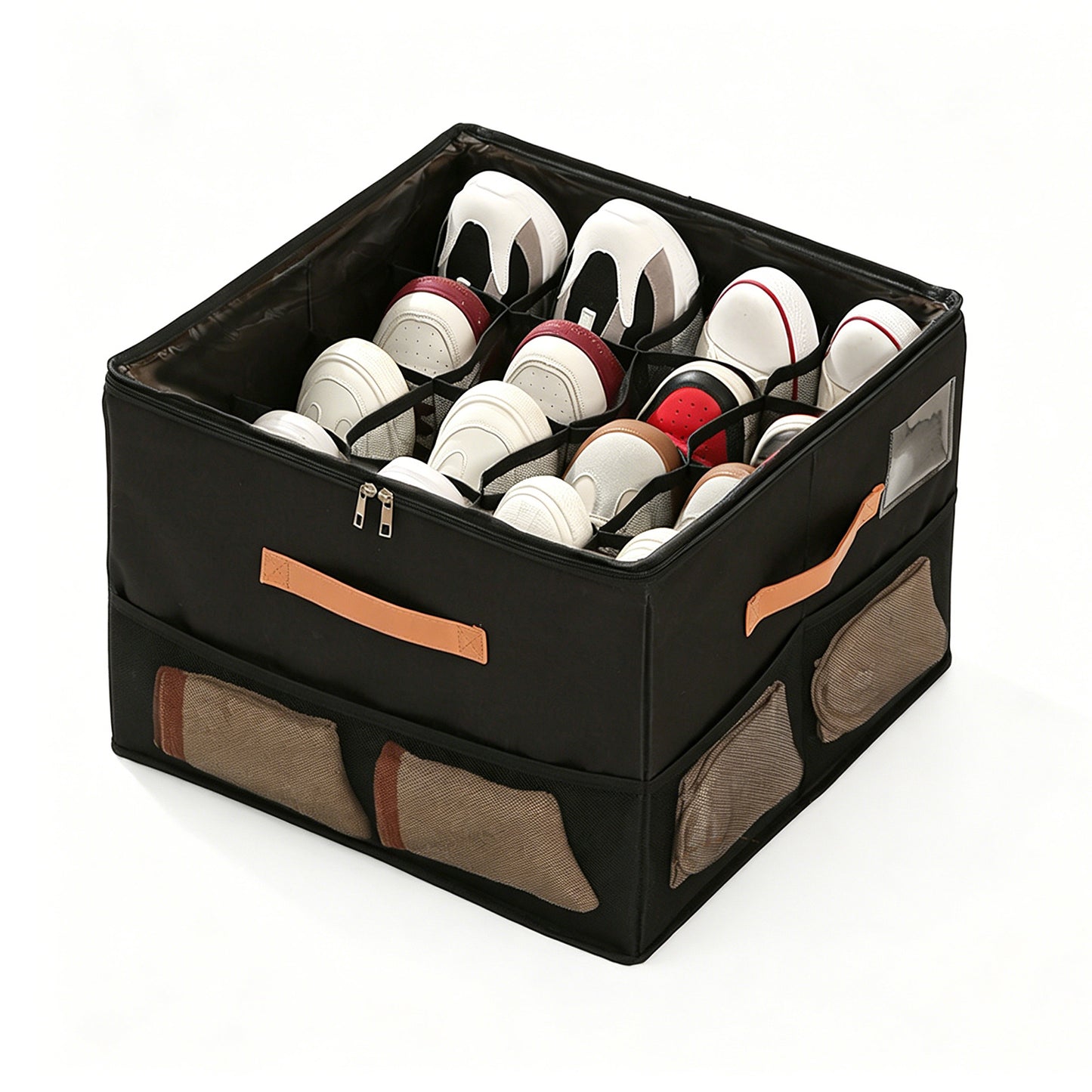 Shoe Organizer for Closet, Foldable Shoe Storage Containers with Clear Cover, Bottom Support, Fits up to 16 Pairs, Black