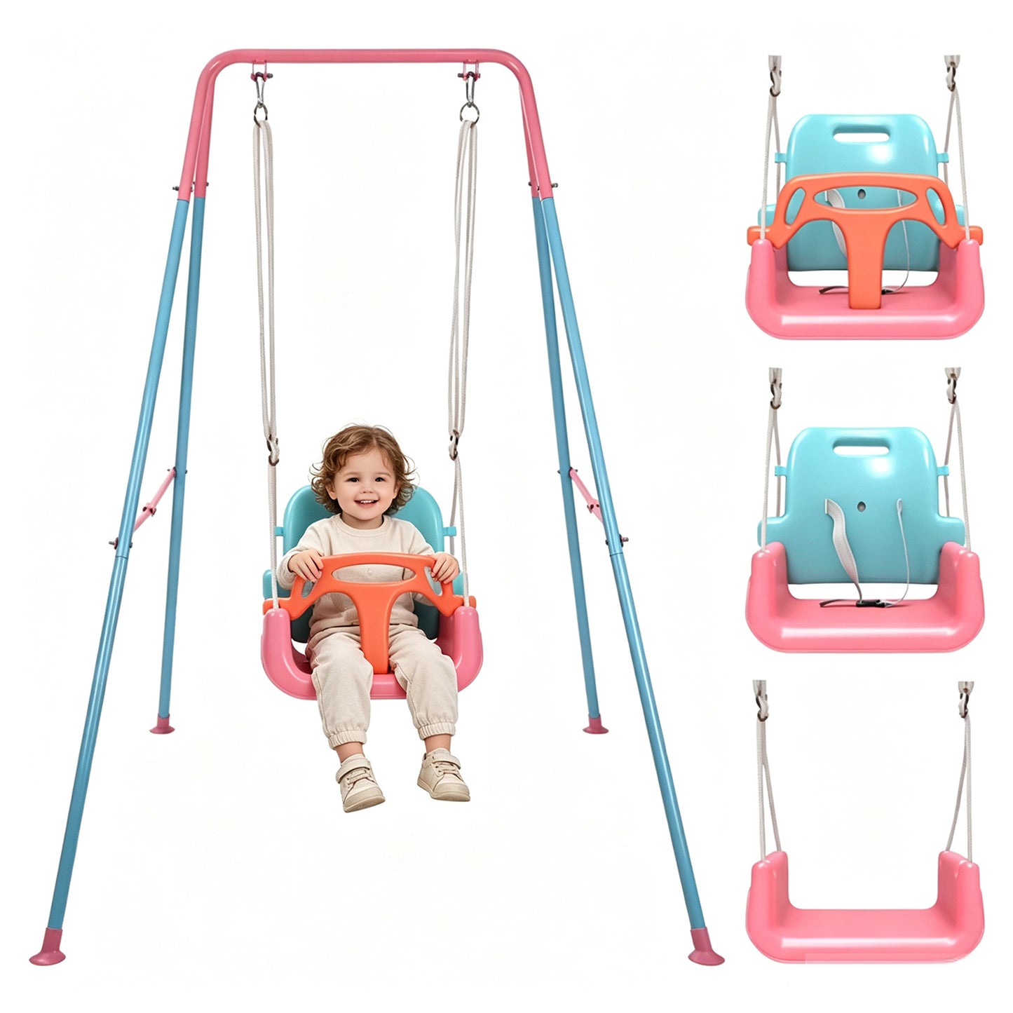 SEMOPRUS 3-in-1 Toddler Swing Set, Foldable Metal Stand Baby Swing with Safety Belt, Indoor & Outdoor Baby Seat for Backyard, Pink and Blue