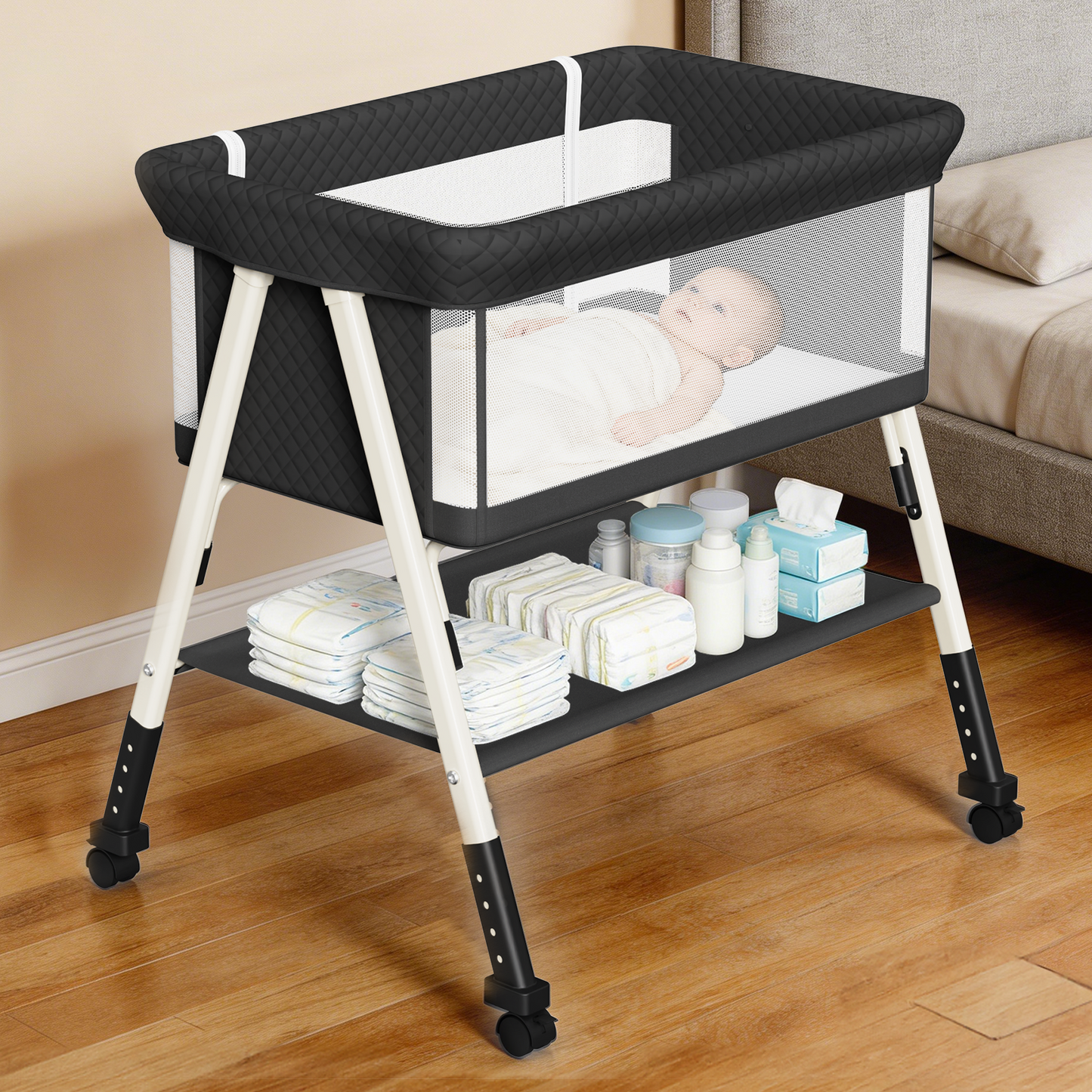 3-in-1 Baby Bassinet, Bedside Sleeper, Standalone Baby Crib, 4-Height Adjustable Portable Crib for Newborn, Black