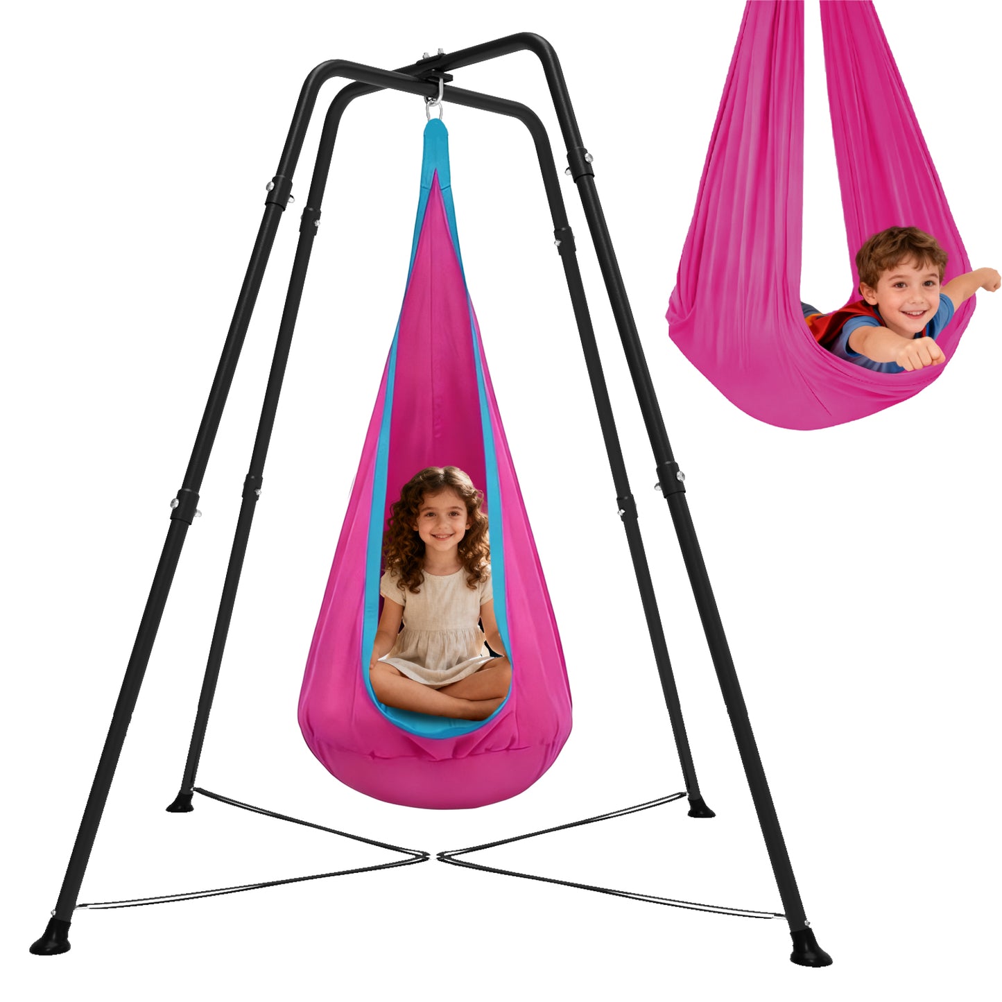 Swing Stand Frame with Sensory/Pod Chair, X-Shaped Swing Set, Metal Hammock Chair Stand for for Kids and Adults Indoor and Outdoor 330LBS, Deep Pink