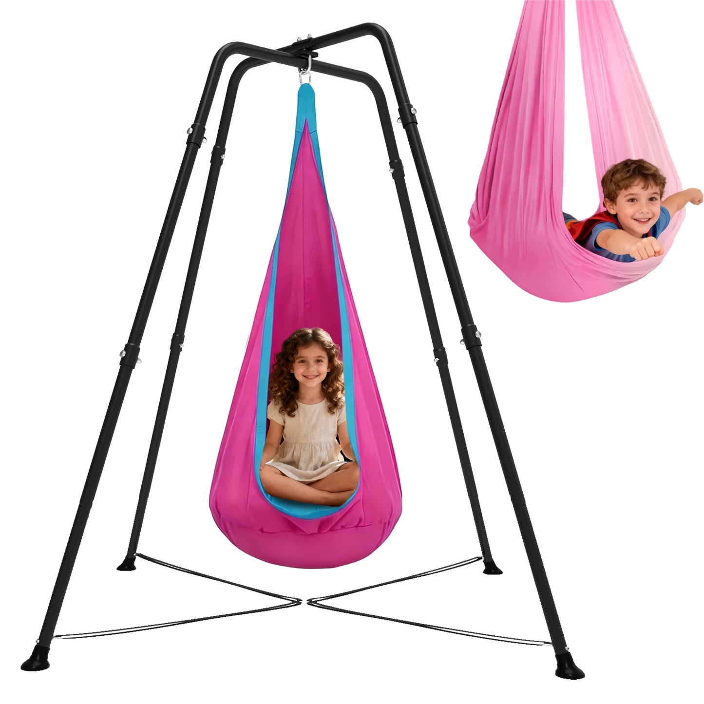 Swing Stand Frame with Sensory/Pod Chair, X-Shaped Swing Set, Metal Hammock Chair Stand for for Kids and Adults Indoor and Outdoor 330LBS, Deep Pink Gradient