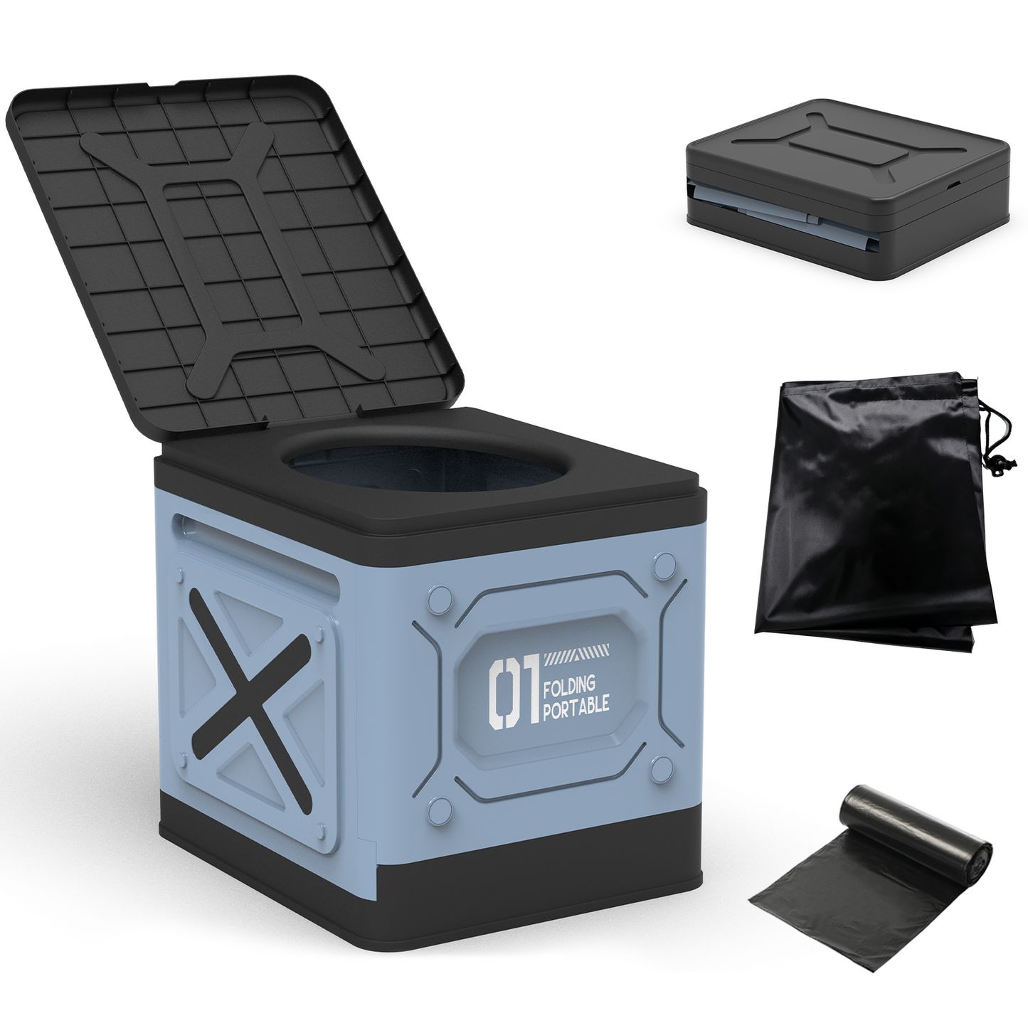 Portable Toilet for Camping, Folding Toilet with Lid for Adults, Compact Potty for Car Hiking Beach and Camping, Blue and Black