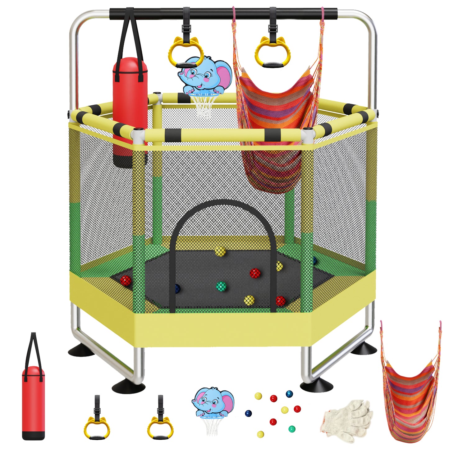 G TALECO GEAR 60" Trampoline for Kids with Enclosure, Indoor & Outdoor Toddler Trampoline with Adjustable Gymnastics Bar & Toys, for Boys & Girls, 440lbs,Yellow&Green