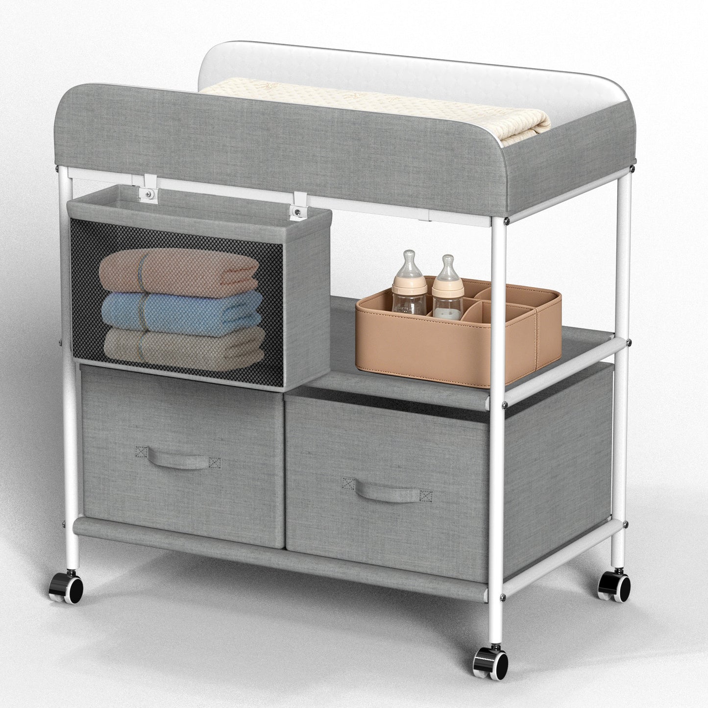 Semoprus Baby Changing Table, Portable Diaper Changing Station with Wheels, Nursery Organizer for Newborn and Infant, Light Gray