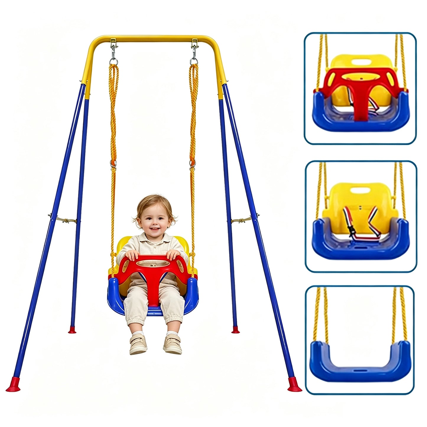 SEMOPRUS 3-in-1 Toddler Swing Set, Foldable Metal Stand Baby Swing with Safety Belt, Indoor & Outdoor Baby Seat for Backyard, Yellow and Blue