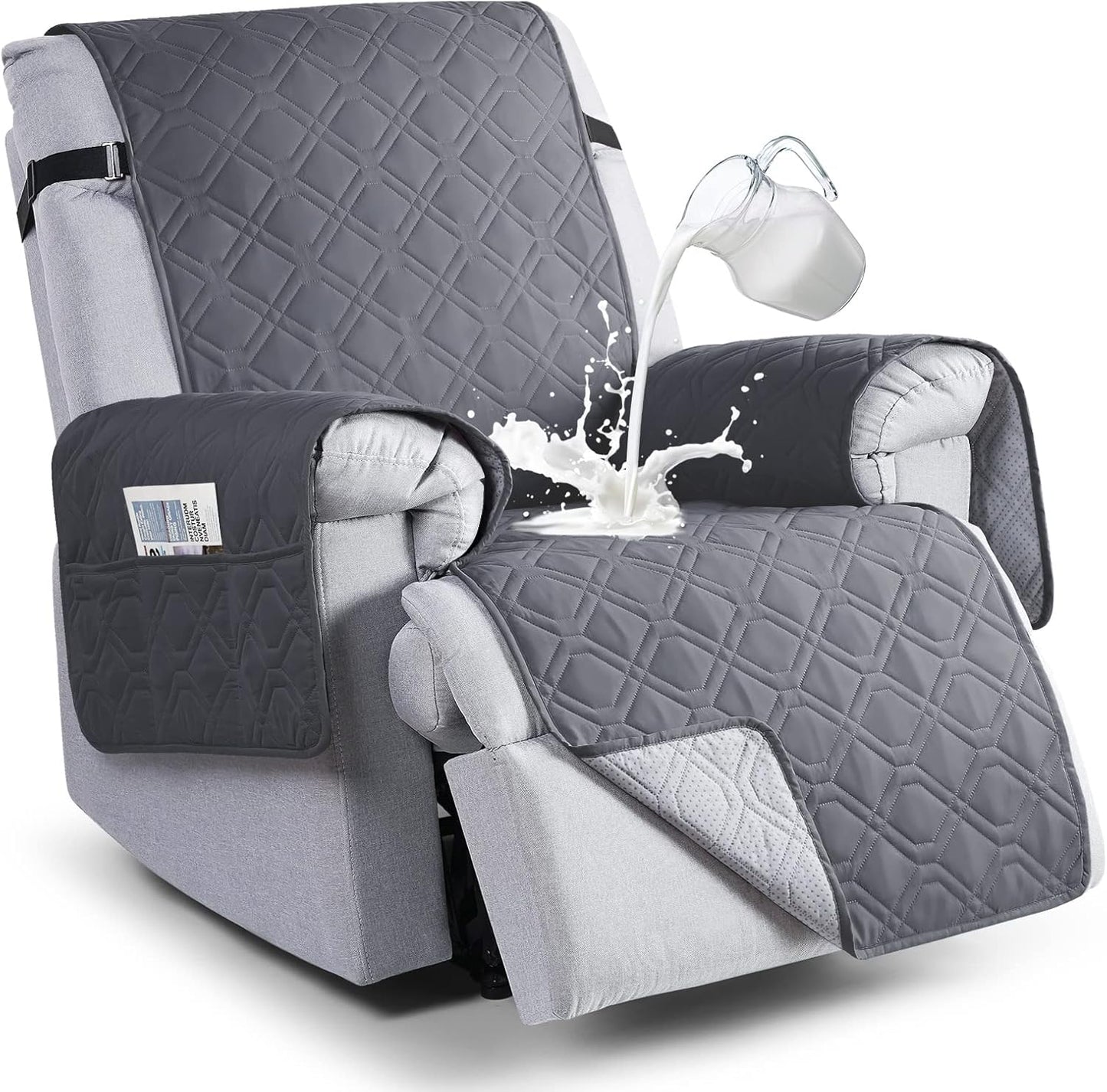 100% Waterproof Recliner Chair Cover, Non-Slip Reclining Covers, Recliner Covers with Pockets for Kids Dogs Pets, 23.6", Gray