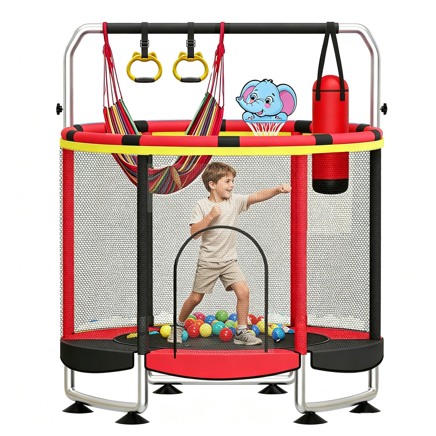 55" Trampoline for Kids with Enclosure Net, 440lbs Indoor Outdoor Toddler Trampoline, Adjustable Gymnastics Bar&Toys, for Boys Girls, Red and Black