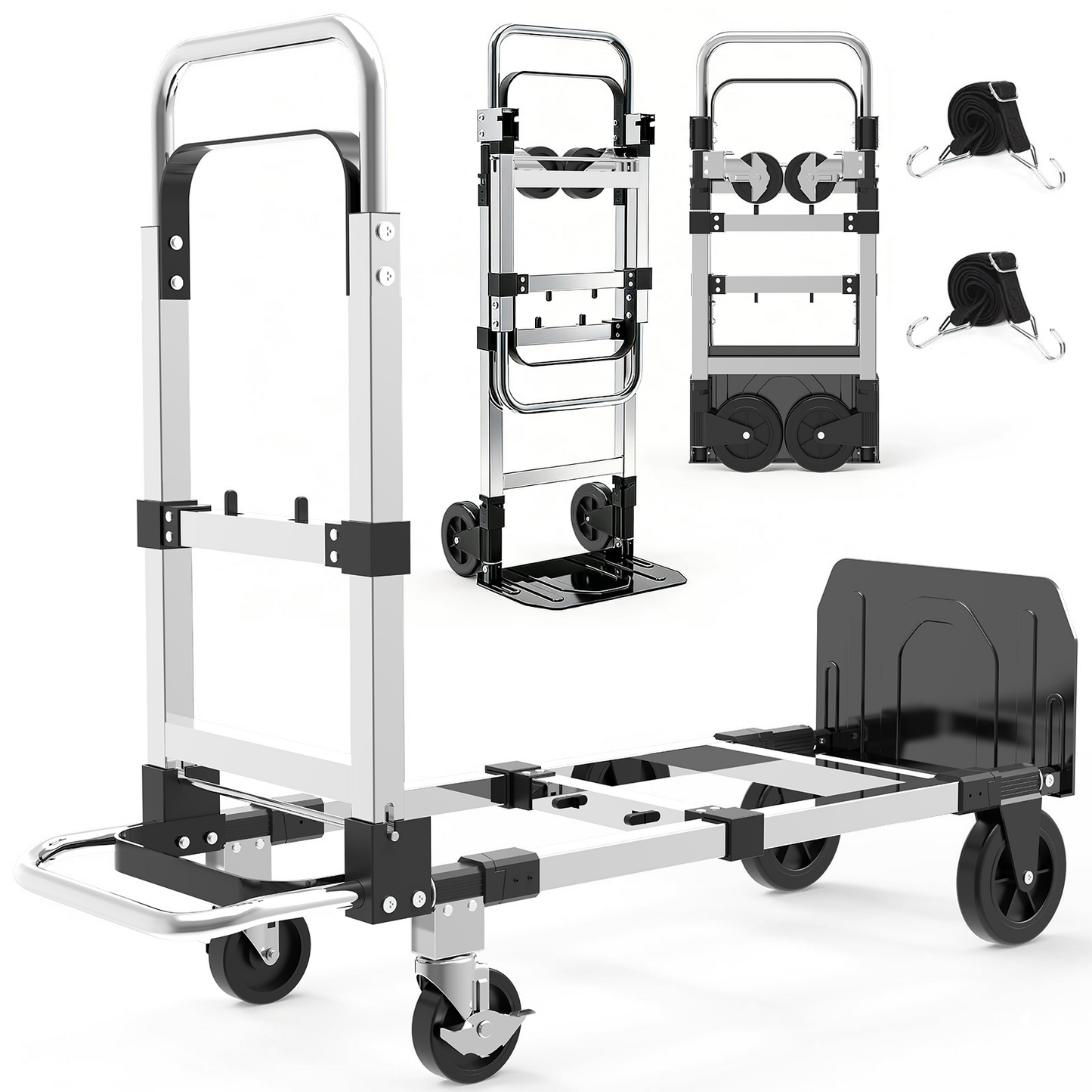Yacona Foldable Hand Truck, 3-in-1 Aluminum Collapsible Dolly Cart with 4 Rubber Wheels and Retractable Handle, Portable Moving Dolly, Black