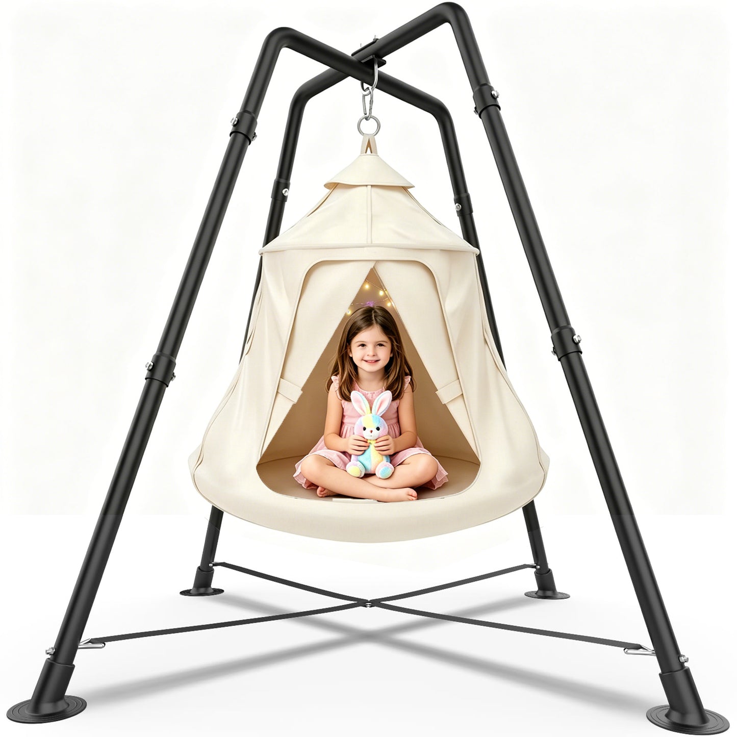 X-Shaped Hammock Chair Stand with Swing Chair, Hanging Tree Tent with Swing Stand for Indoor Outdoor, 330lbs Weight Capacity, White