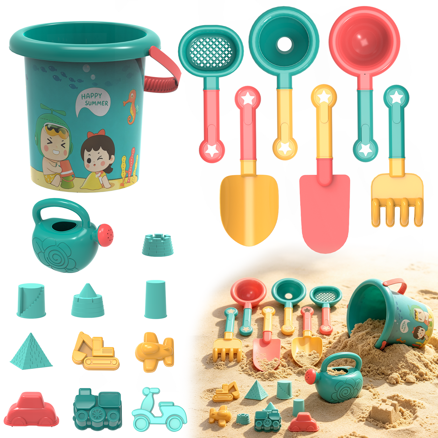 Beach Toys for Kids, Sand Toys Set Includes Sand Bucket Watering Can Shovel and Sand Rake Toy for Beach 18 Pcs, Beach Sand Toy for Toddler 3-10
