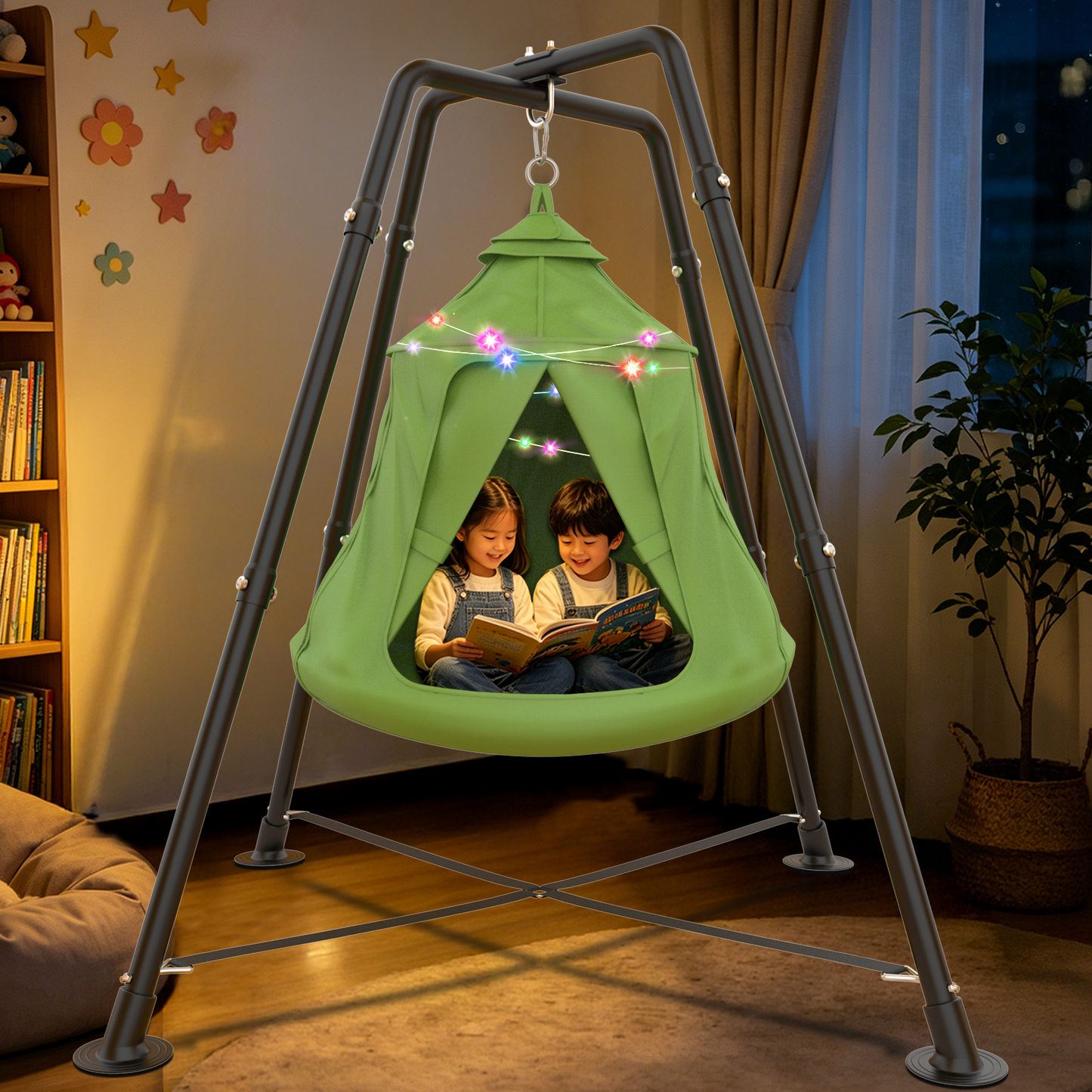 X-Shaped Swing Set, Sensory Swing with Stand, 330lbs Swing Stand Frame with Play Tent, Hammock Chair for Kids and Adults, Green