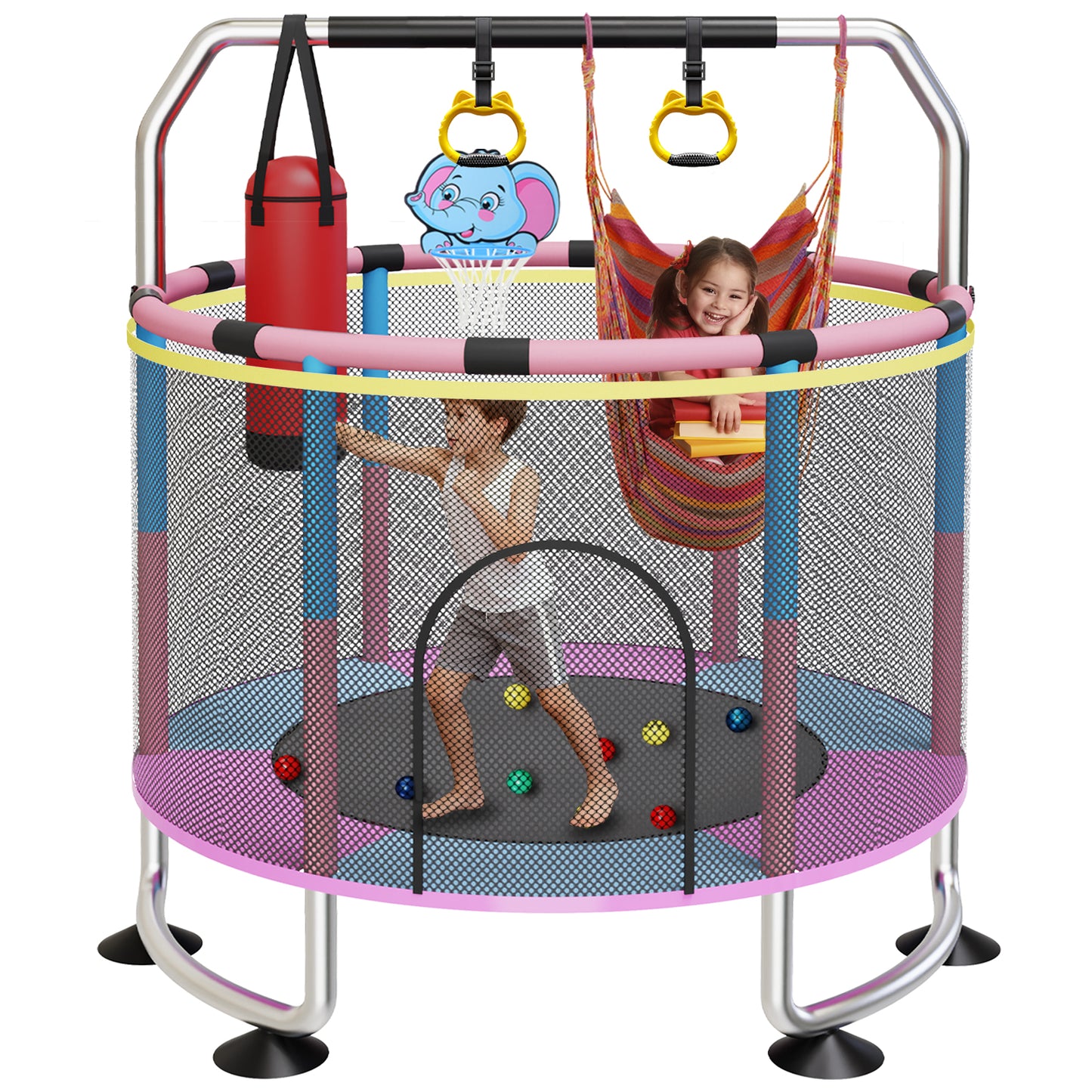 G TALECO GEAR Kids Trampoline Indoor/Outdoor, Trampoline for Toddlers with Safety Enclosure, Adjustable 59" Mini Trampoline for kids, Small Trampoline for Todders 3-8, 440lbs,Pink&Blue