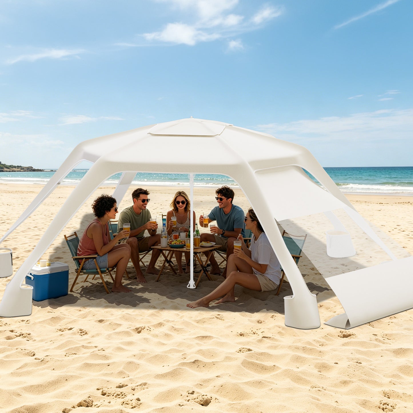 Yacona Beach Cabana with Side Wall, UV Protection Beach Canopy for Sand with 6 Corners, Tent Sun Shelter Tents for Camping, Beige