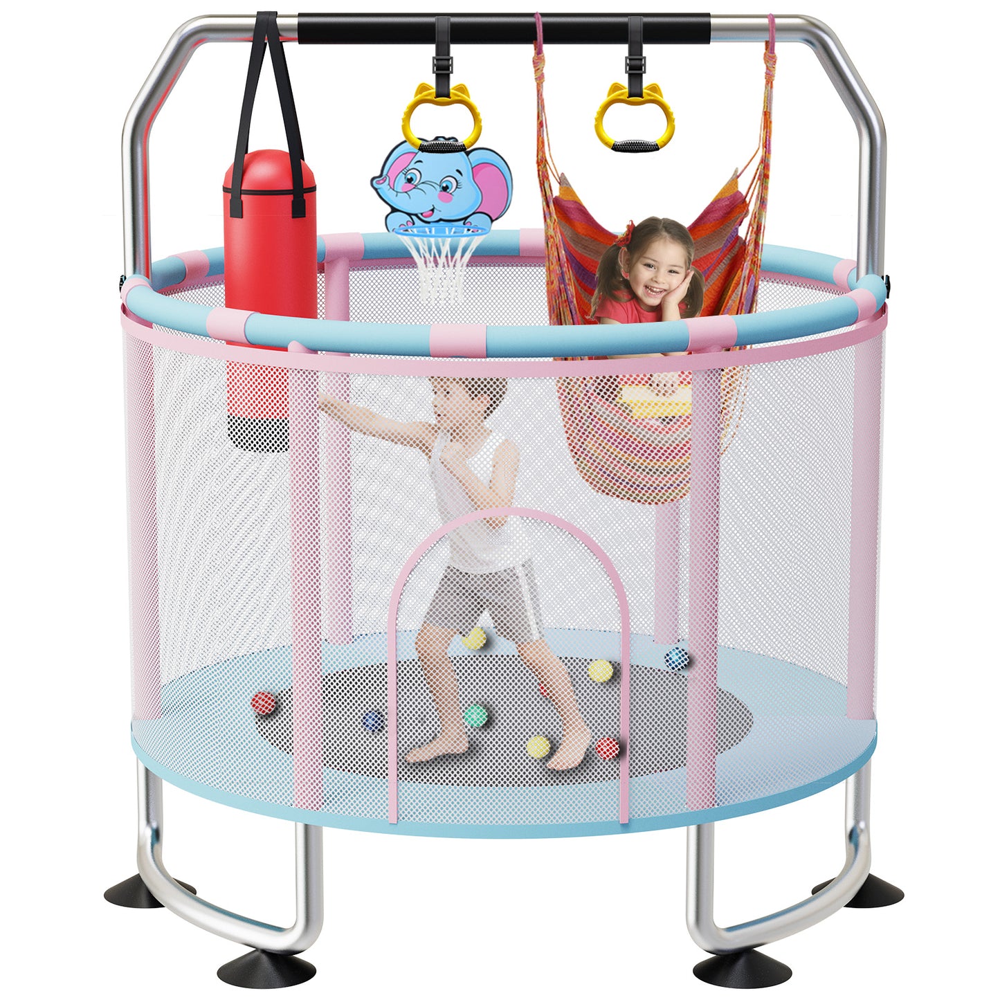 Semoprus Trampoline for Kids, Adjustable Hight Toddlers Trampoline for Outdoor, Great Gift for Boys & Girls, 400lbs, Light Pink & Blue