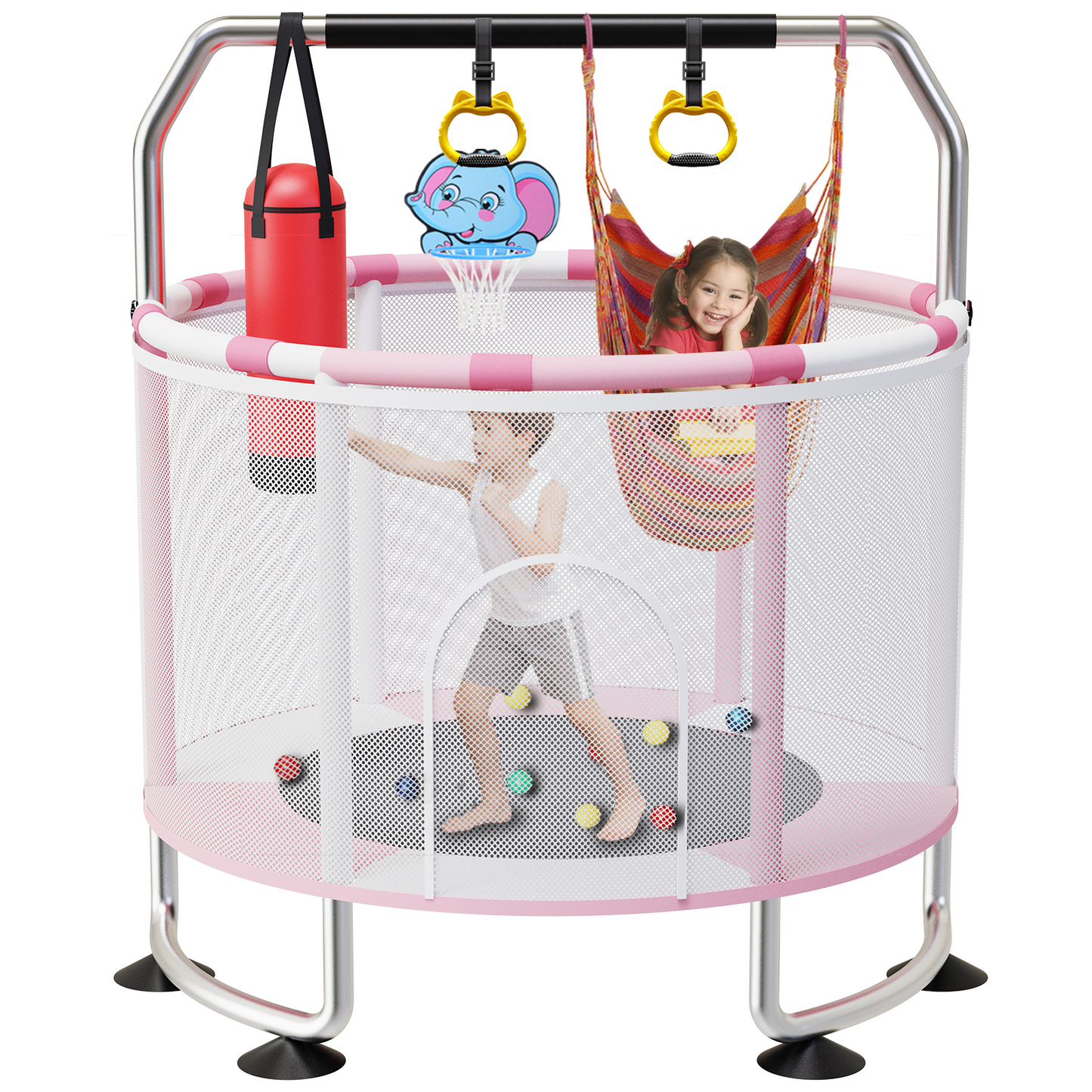 Semoprus Trampoline for Kids, Adjustable Hight Toddlers Trampoline for Outdoor, Great Gift for Boys & Girls, 400lbs,Pink & White
