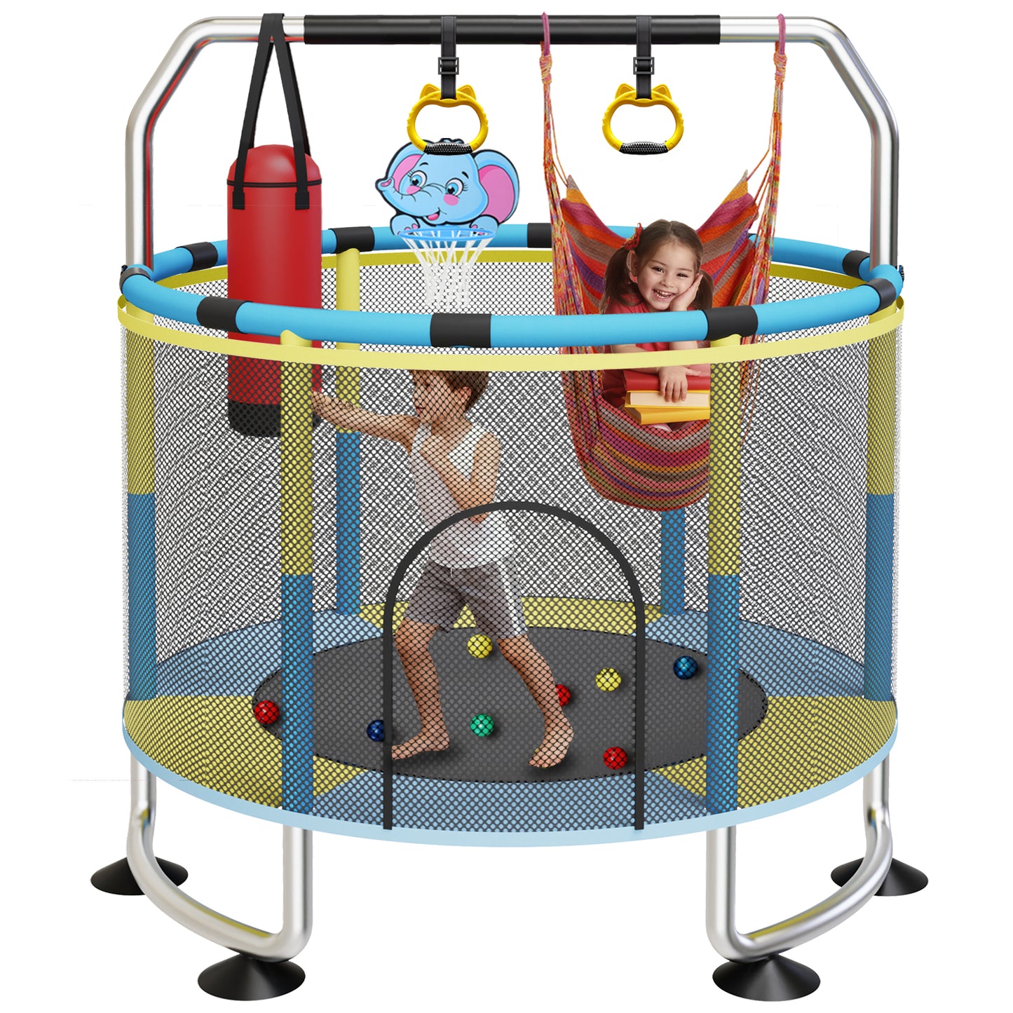 G TALECO GEAR Kids Trampoline Indoor/Outdoor, Trampoline for Toddlers with Safety Enclosure, Adjustable 59" Mini Trampoline for kids, Small Trampoline for Todders 3-8, 440lbs,Yellow&Blue