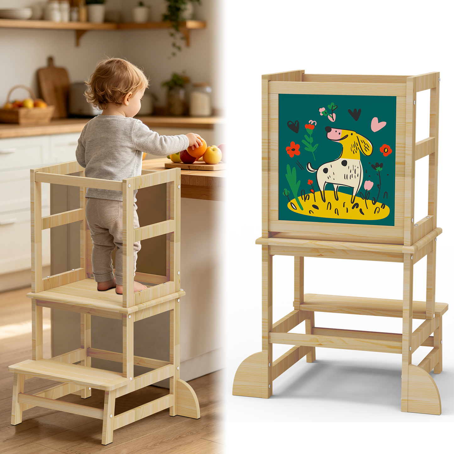 Semoprus Toddler Kitchen Stool Helper, Step Stool for Kids with Chalkboard Safety Rail for Toddlers 18 Months and Older,Wood, Natural