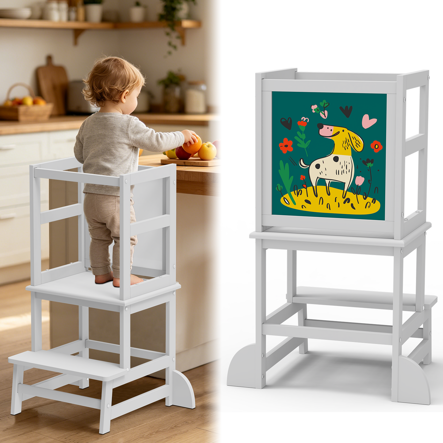Semoprus Toddler Kitchen Stool Helper, Step Stool for Kids with Chalkboard Safety Rail for Toddlers 18 Months and Older, White