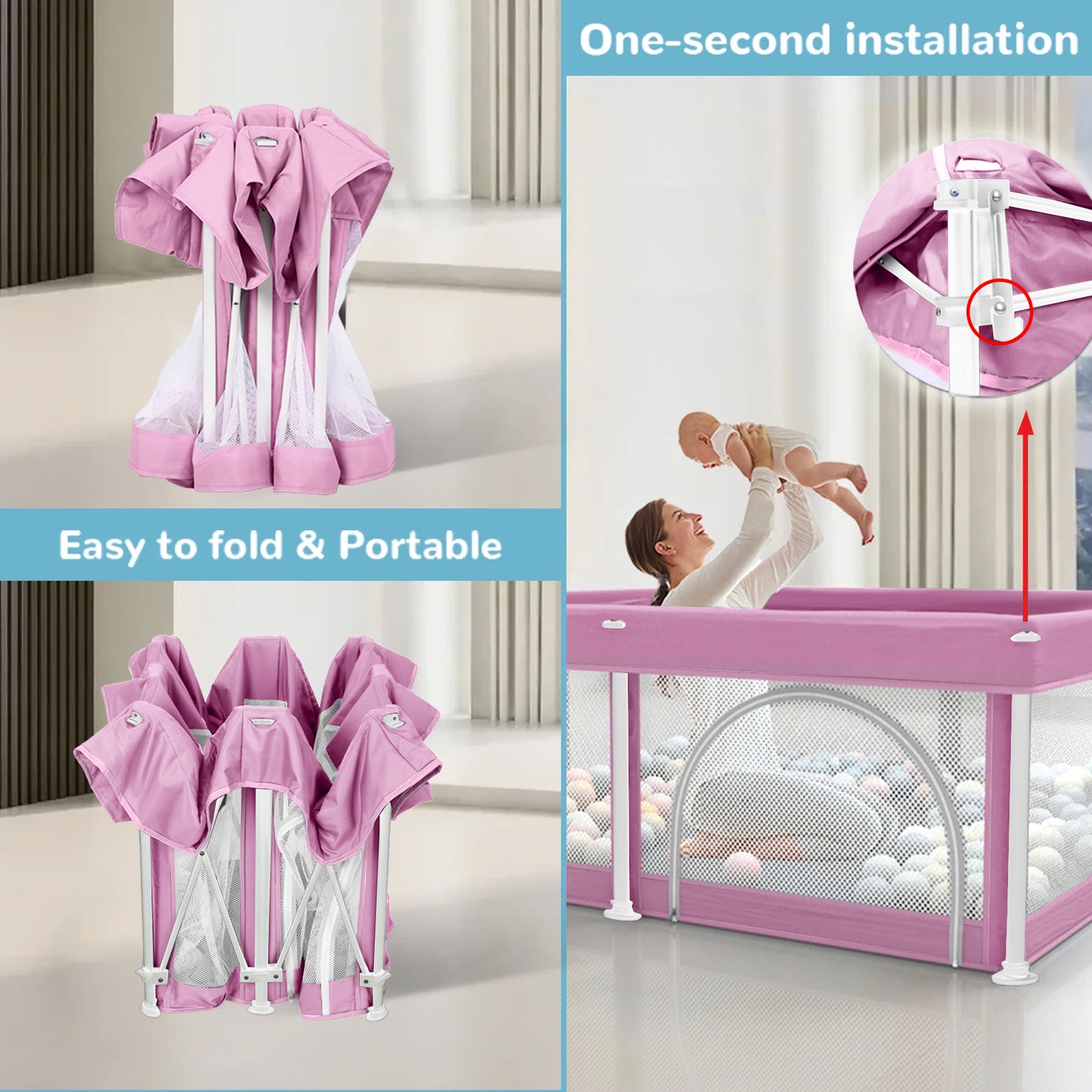 G TALECO GEAR Baby Playpen with Mat, Foldable Playpen for Babies and Toddlers, Portable Travel Play Yard, 50"x50", Pink