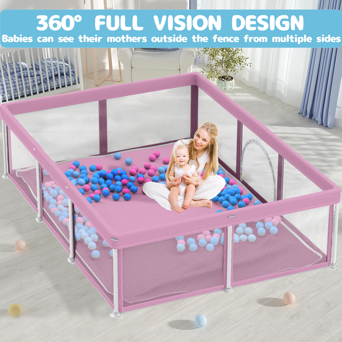 G TALECO GEAR Large Baby Playpen with Mat, Foldable Playpen for Babies and Toddlers, Portable Travel Play Yard, 50"x71", Pink