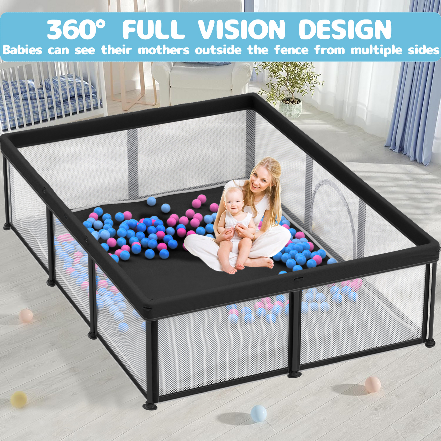 G TALECO GEAR Large Baby Playpen with Mat, Foldable Playpen for Babies and Toddlers, Portable Travel Play Yard, 50"x71", Black