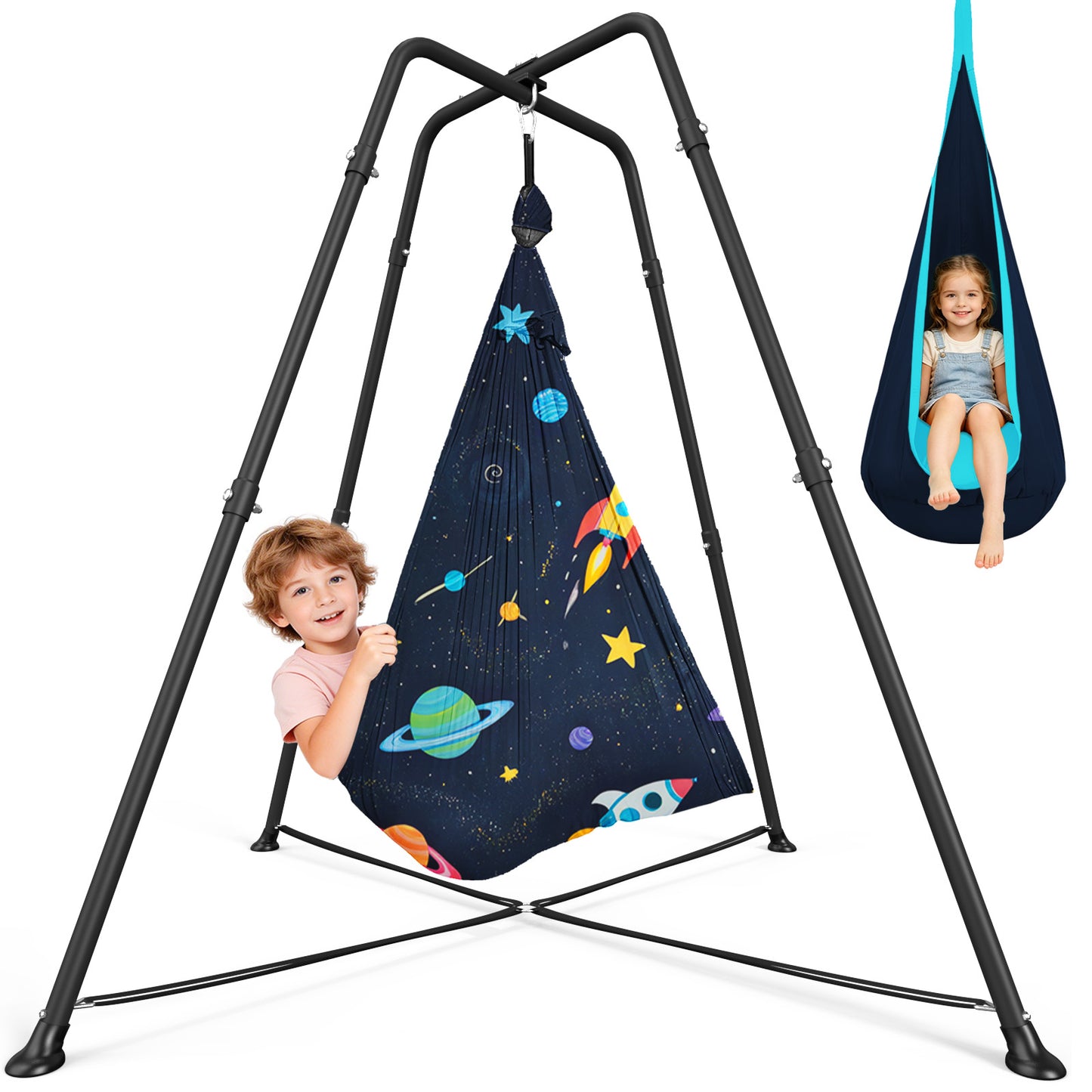 Semoprus Sensory Swing with stand and Pod Swing, Sensory Chair Indoor/Outdoor, Swing Set for Kids & Adults, 330LBS, Patterned-Star Dark Blue