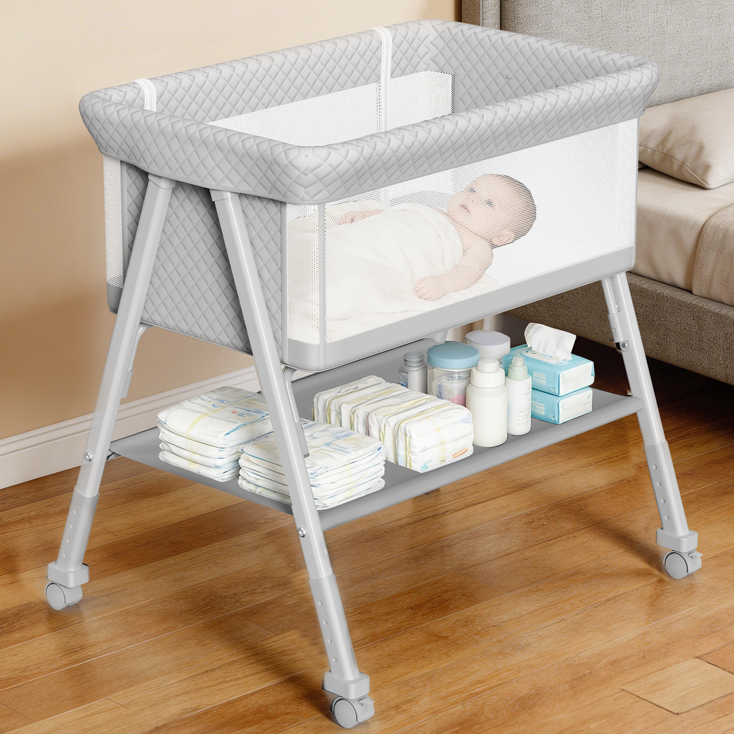 3 in 1 Baby Bassinet, Bedside Sleeper, Standalone Baby Crib, 4 Height Adjustable Portable Crib for Newborn, Dray