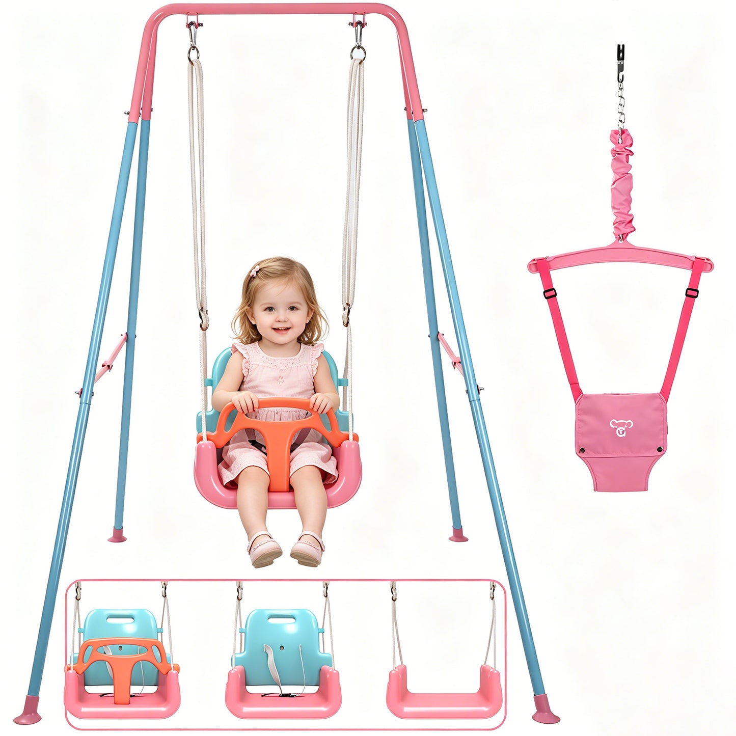 SEMOPRUS 2 in 1 Toddler Swing & Jumper, Foldable Baby Jumpers and Bouncers, Easy to Assemble & Store for Indoor/Outdoor, Pink and Blue