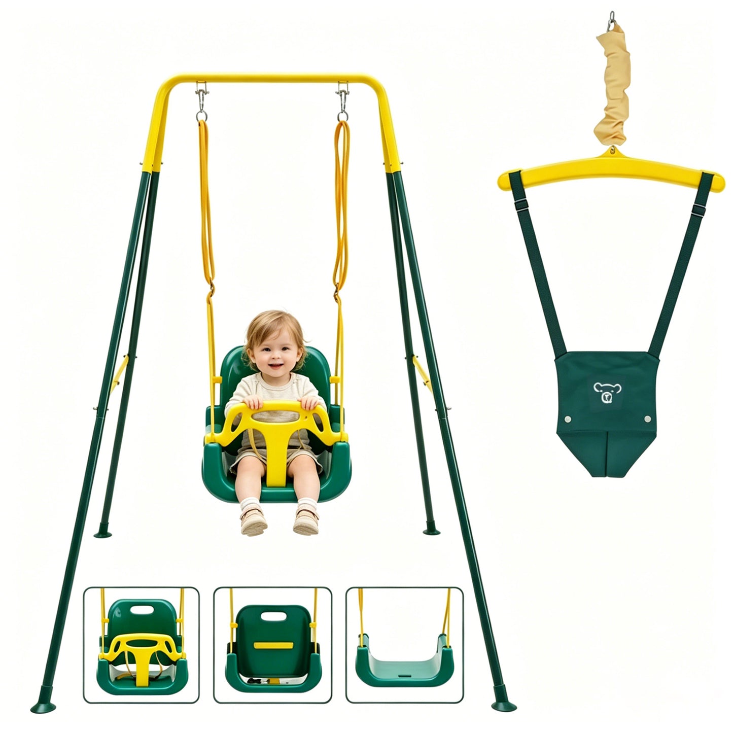 SEMOPRUS 2 in 1 Toddler Swing & Jumper, Foldable Baby Jumpers and Bouncers, Easy to Assemble & Store for Indoor/Outdoor, Yellow and Green