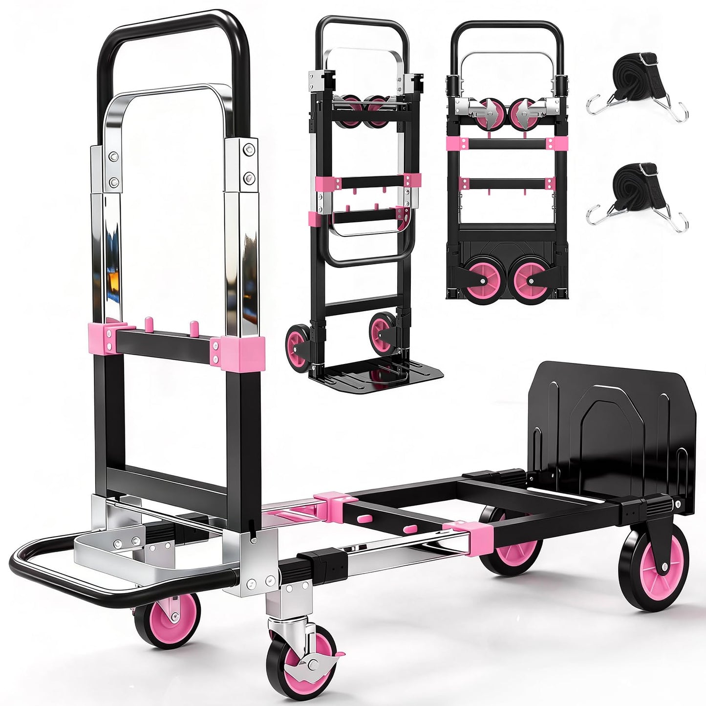 3-in-1 Folding Hand Truck with Rubber Wheels, Chrome PlatedDolly Cart with Telescopic Handle, Heavy Duty Convertible Dolly for Luggages, Cartons, Warehouse, Office, Pink
