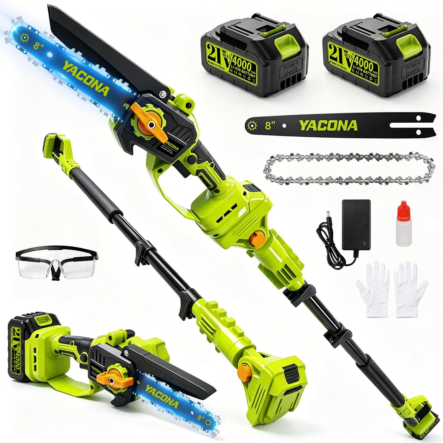 Yacona 2-in-1 Pole Saws for Tree Trimming, 8 Inch Electric Chainsaw Cordless, 21V Battery Powered Pruning Saw, 16FT Long Reach, Green
