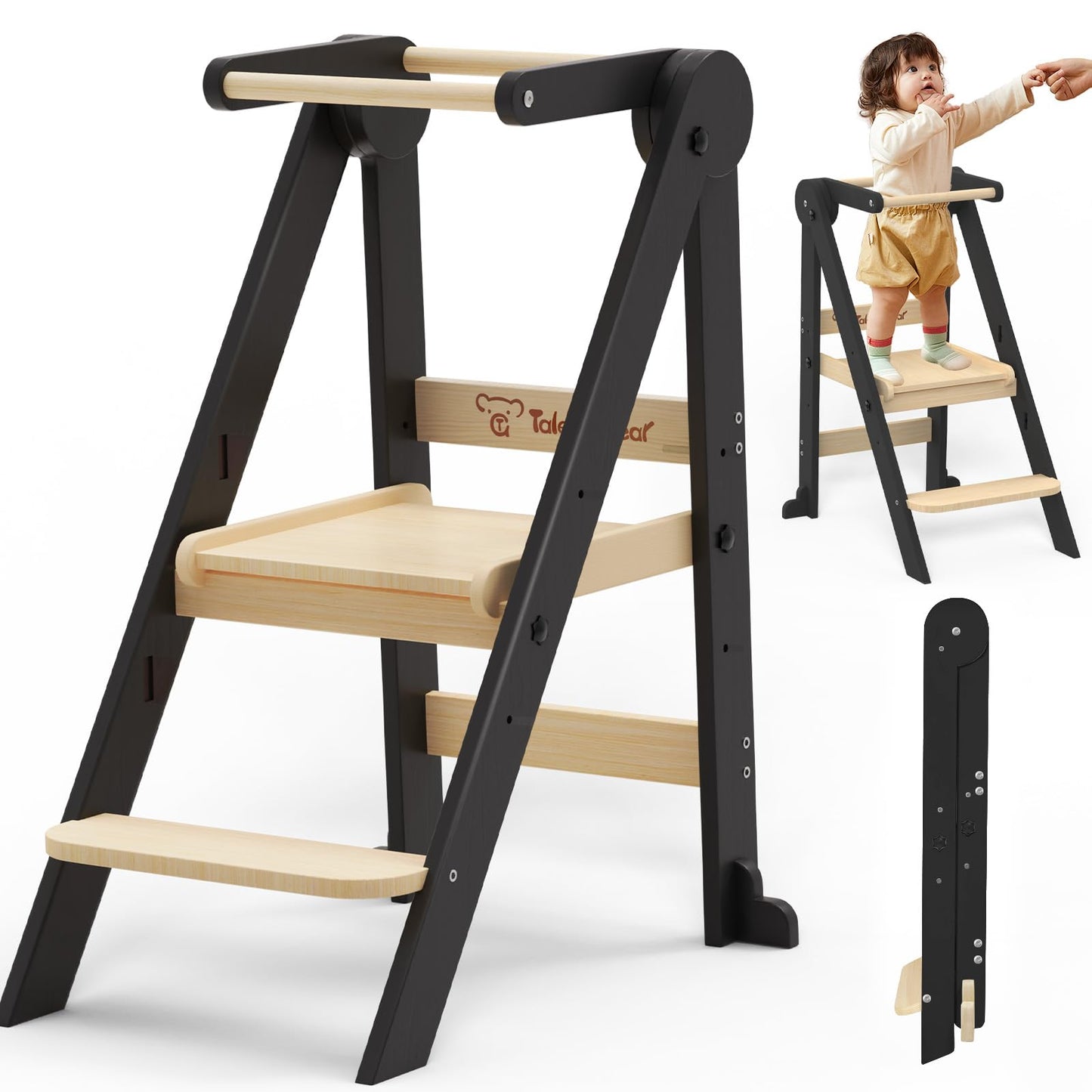 G TALECO GEAR Foldable Toddler Tower, Kitchen Kids Step Stool Helper, Standing Tower with 3 Adjustable Heights, Black