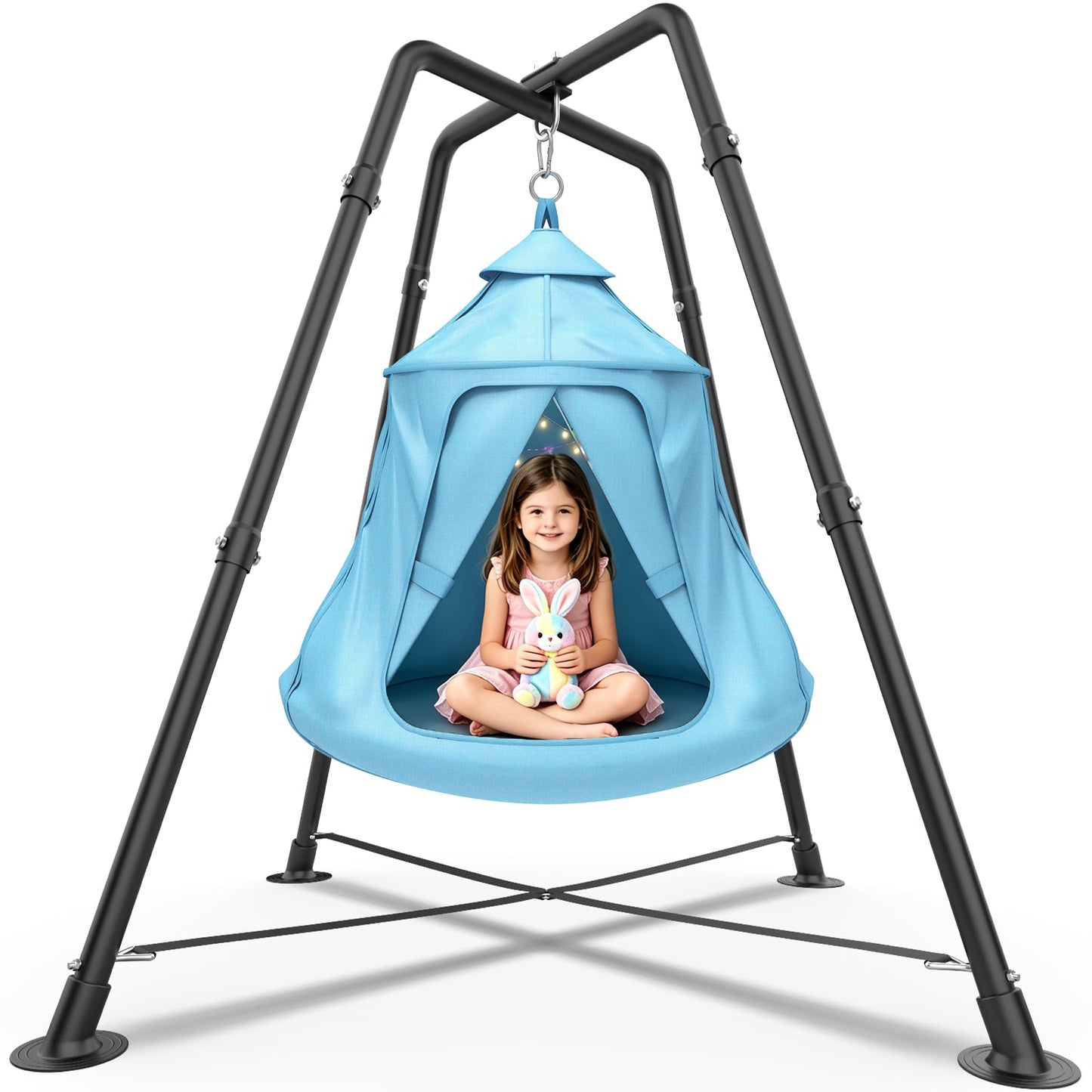 X-Shaped Hammock Chair Stand with Swing Chair, Hanging Tree Tent with Swing Stand for Indoor Outdoor, 330lbs Weight Capacity, Blue