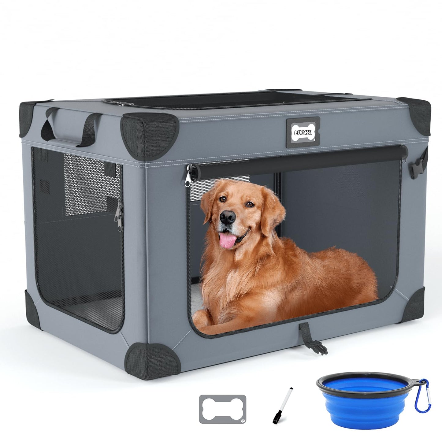 Yacona 42in Collapsible Dog Crate, Portable Soft Travel Dog Crate with Bowl, Foldable Pet Kennel Carrier, with Signature Card and Pen, Gray