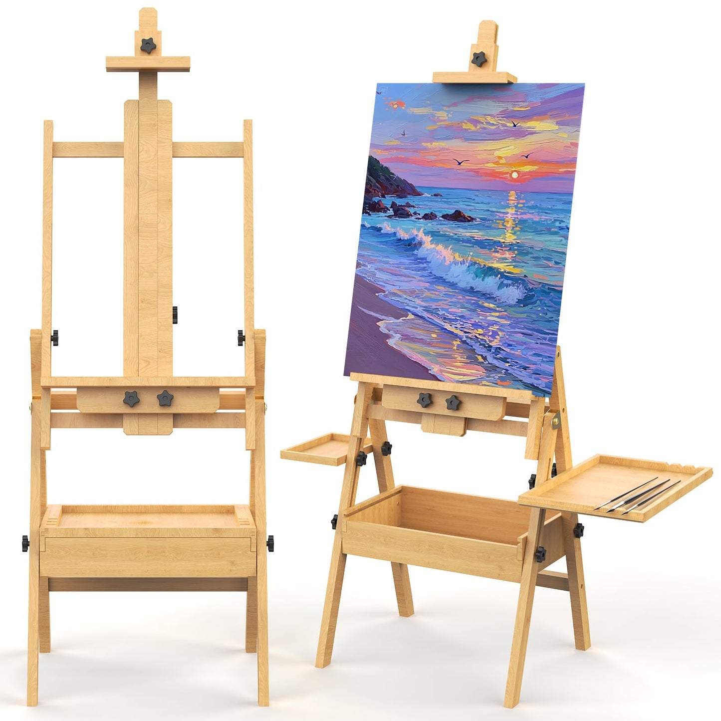 Large Solid Beech Wood Easel for Painting with Storage Drawer and Palette, Foldable Art Easel with Signature Box for Adults, Holder up to 48''