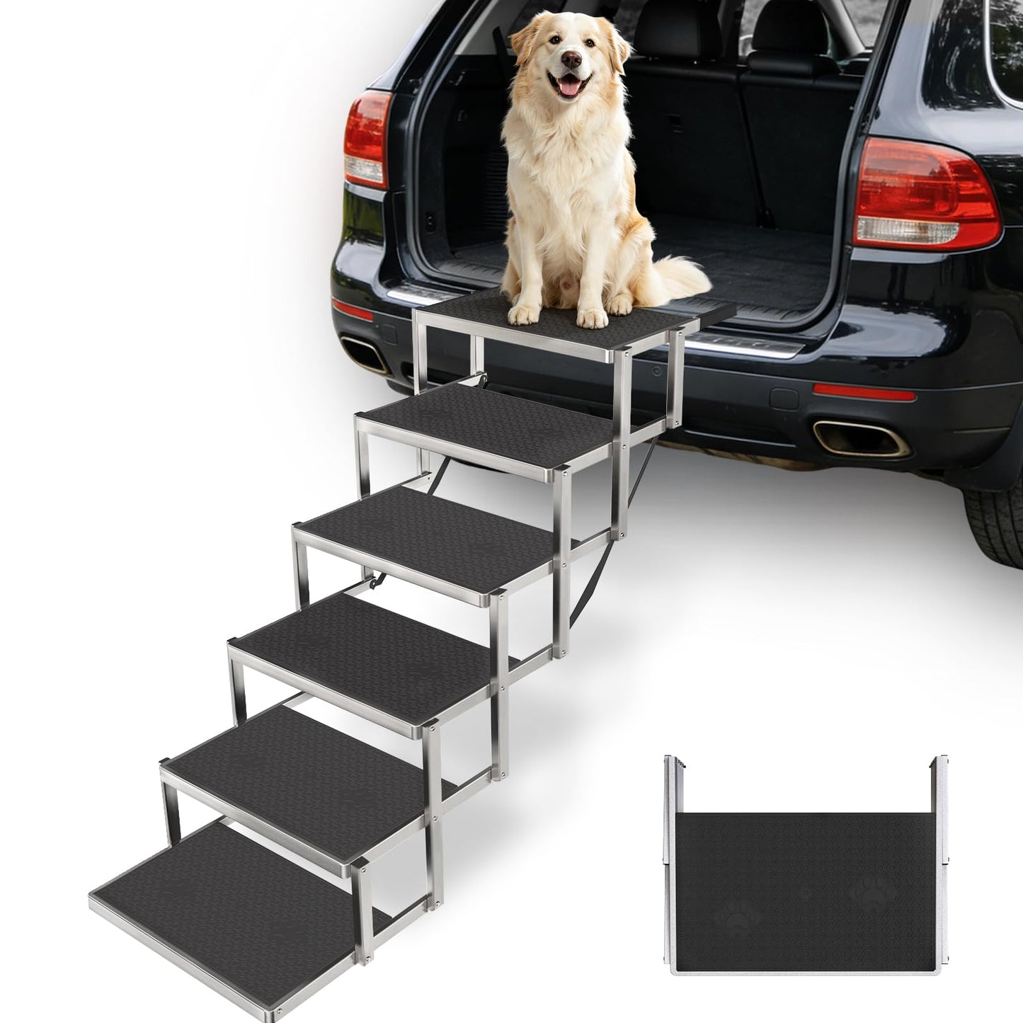 Yacona 6 Step Dog Stairs for Car, Foldable Plastic Dog Steps for Bed, with Non-Slip Surface, Pet Ramp for Large/Small Dogs, Sliver