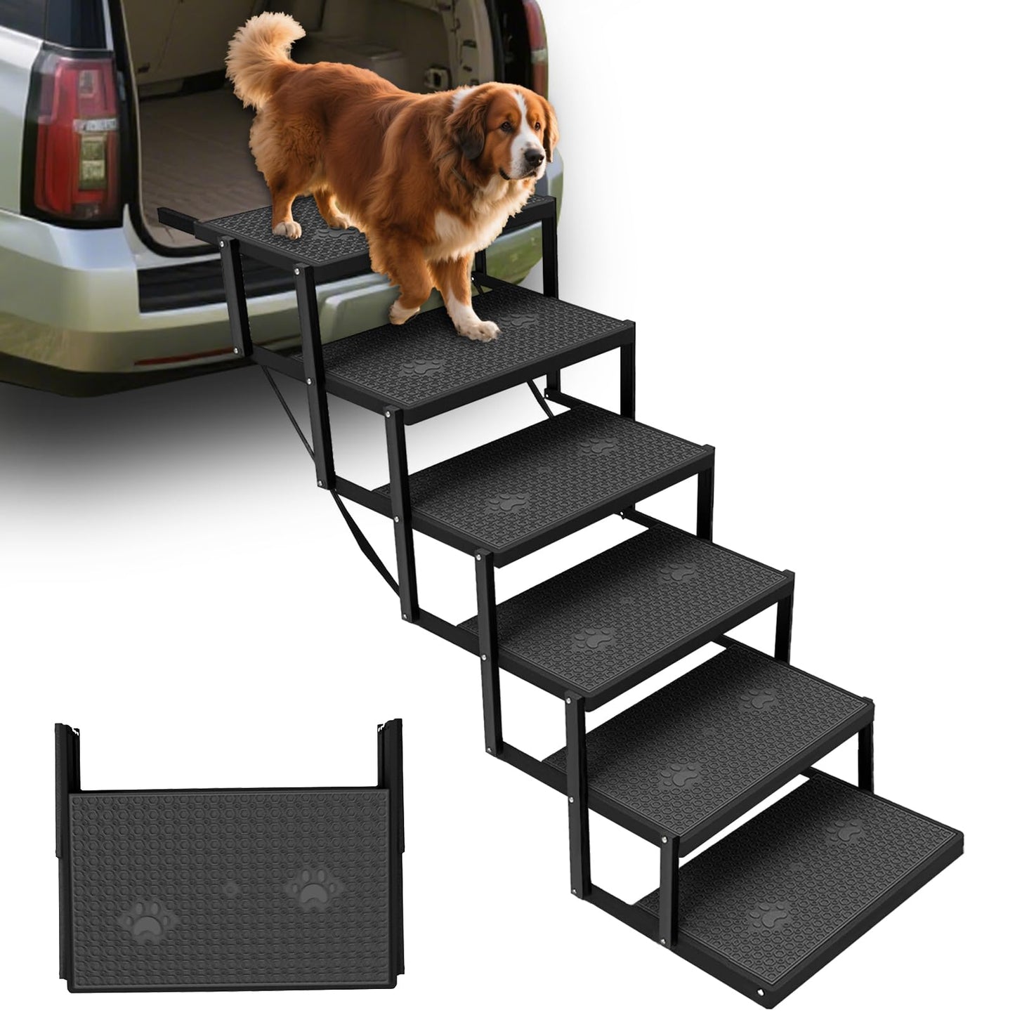 Yacona 6 Steps Dog Steps for Car, Foldable Dog Stairs for Truck, Dog Ramp for Stairs with Non-Slip Surface, Black