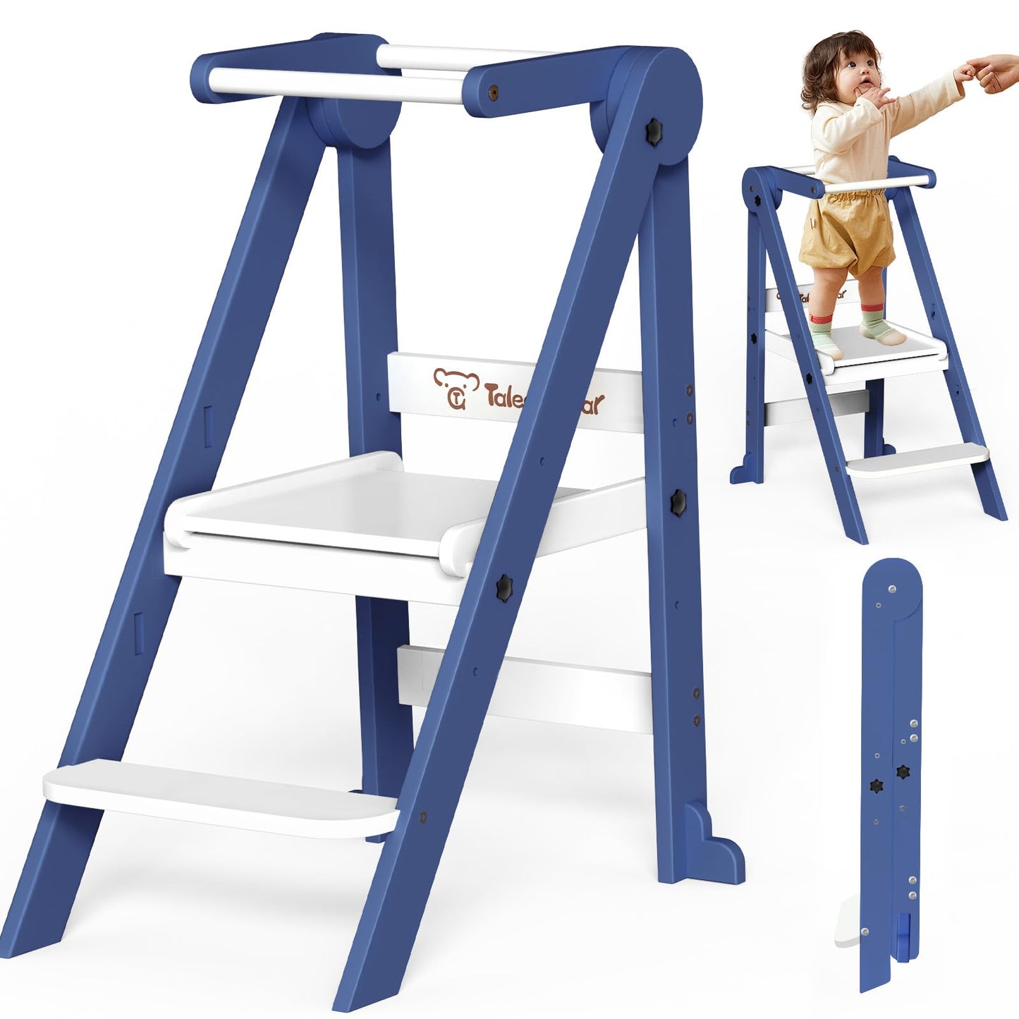 G TALECO GEAR Foldable Toddler Tower, Kitchen Kids Step Stool Helper, Standing Tower with 3 Adjustable Heights, Blue&White