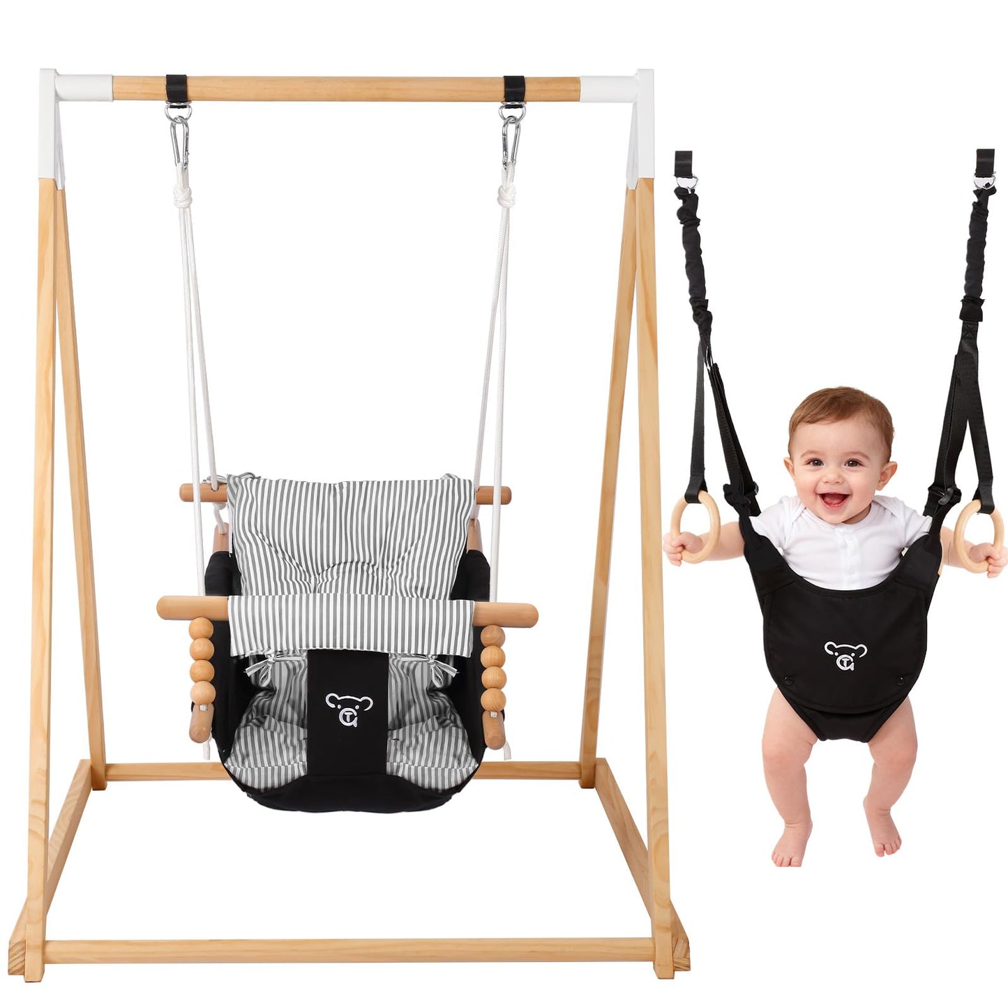 2-in-1 Baby Bouncer Jumper & Toddler Swing, Foldable Wooden Swing Set with Stand, Outdoor/Indoor Baby Swing with 5-point Harness Safety and Soft Cushion